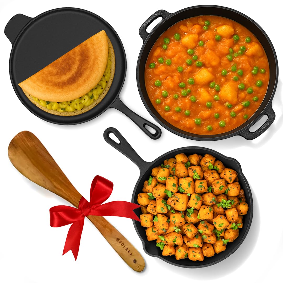SOLARA Crownstone Premium Pre-Seasoned Cast Iron Cookware Set of 3 with Free Wooden Spatula, Tawa(12" Inch/30 CM) + Frying Pan(10" Inch/25 CM) + Kadhai(10" Inch/25 CM), Kitchen Cookware Combo of 3Pcs-image-7