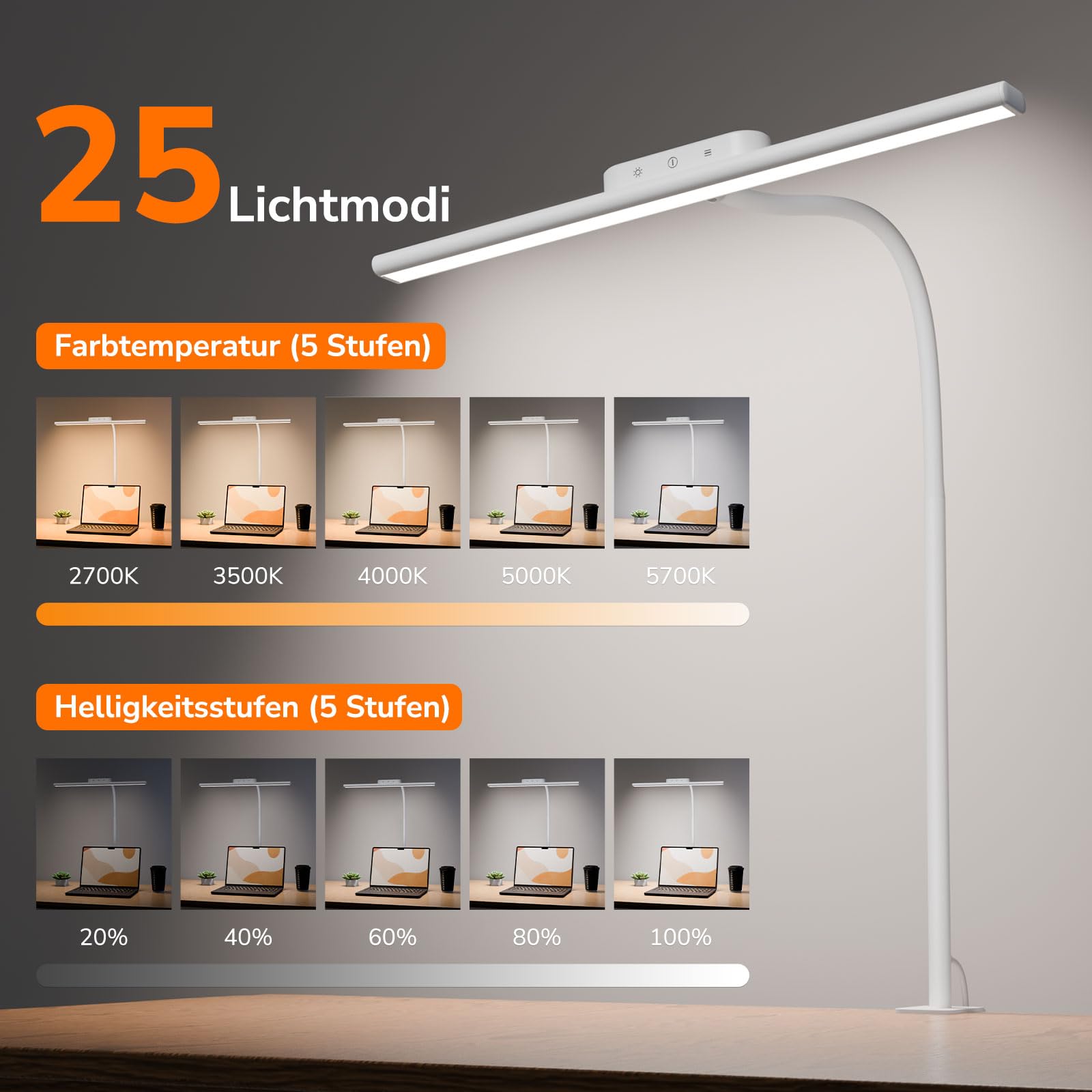 Lepro 11W Schreibtischlampe LED Klemmbar, Dimmbar und Augenschonende Schreibtisch Lampe, 5 Farbtemperaturen und 5 Helligkeitsstufen, mit flexiblem Schwanenhals, für Home Office & Büro, Weiß