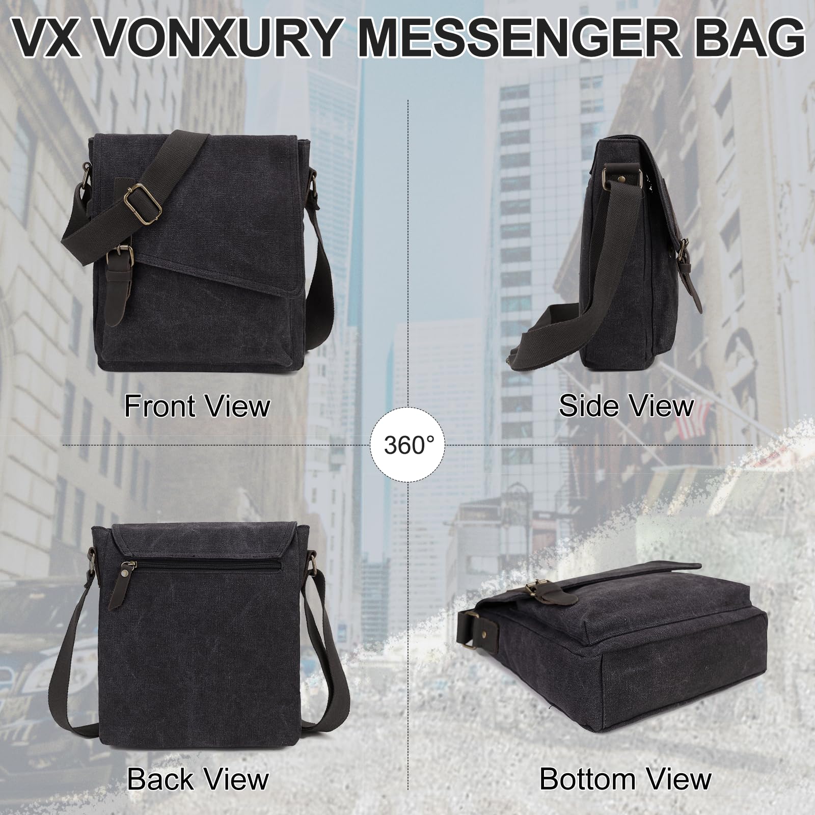 Messenger Bag Klein, Wasserfeste Canvas Umhängetasche Herren Damen, Crossbody Bag für Arbeit Schule Reisen