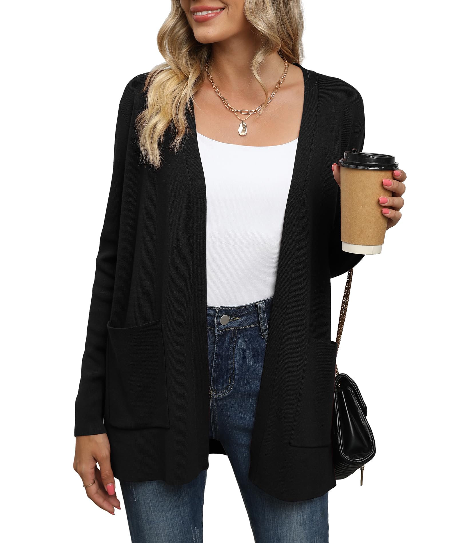 LILBETTER Womens Casual Lightweight Long Sleeve Open Front Cardigan Sweaters with Pockets