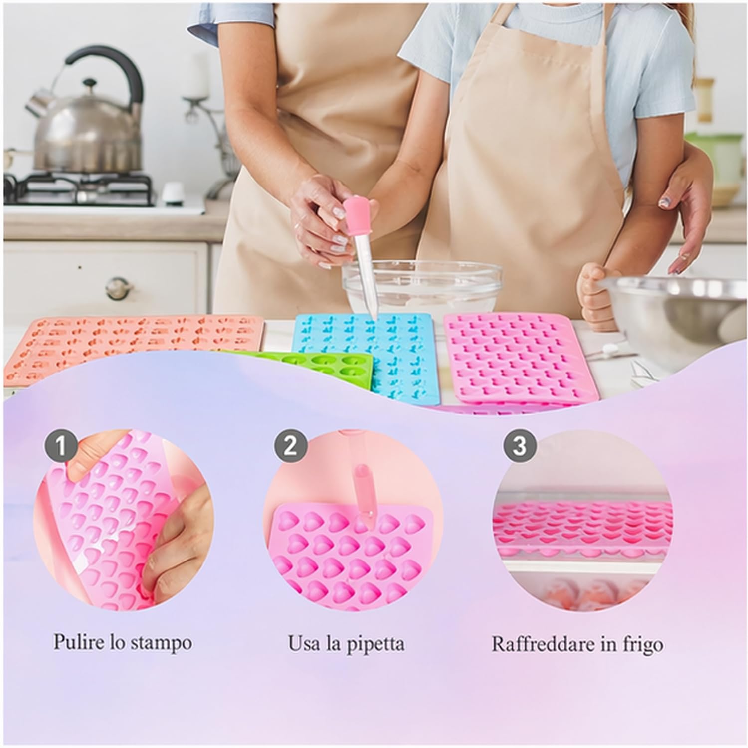 6 Pezzi Stampi in Silicone per Caramelle, Stampi per Orsetti Gommosi con 4 Pipette + 50 Sacchetti di Caramelle per Fare Gommose Cioccolatini Caramelle Piccoli Cubetti di Ghiaccio