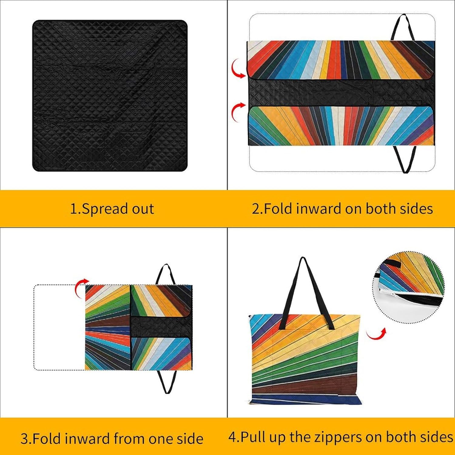 Retro Boho Sun Picnic Blanket 150x150cm, Foldable 2-in-1 Picnic Mat and Tote Bag Portable Waterproof Beach Mat Sandproof Outdoor Blanket for Park, Hiking, Beach, Camping, Travel