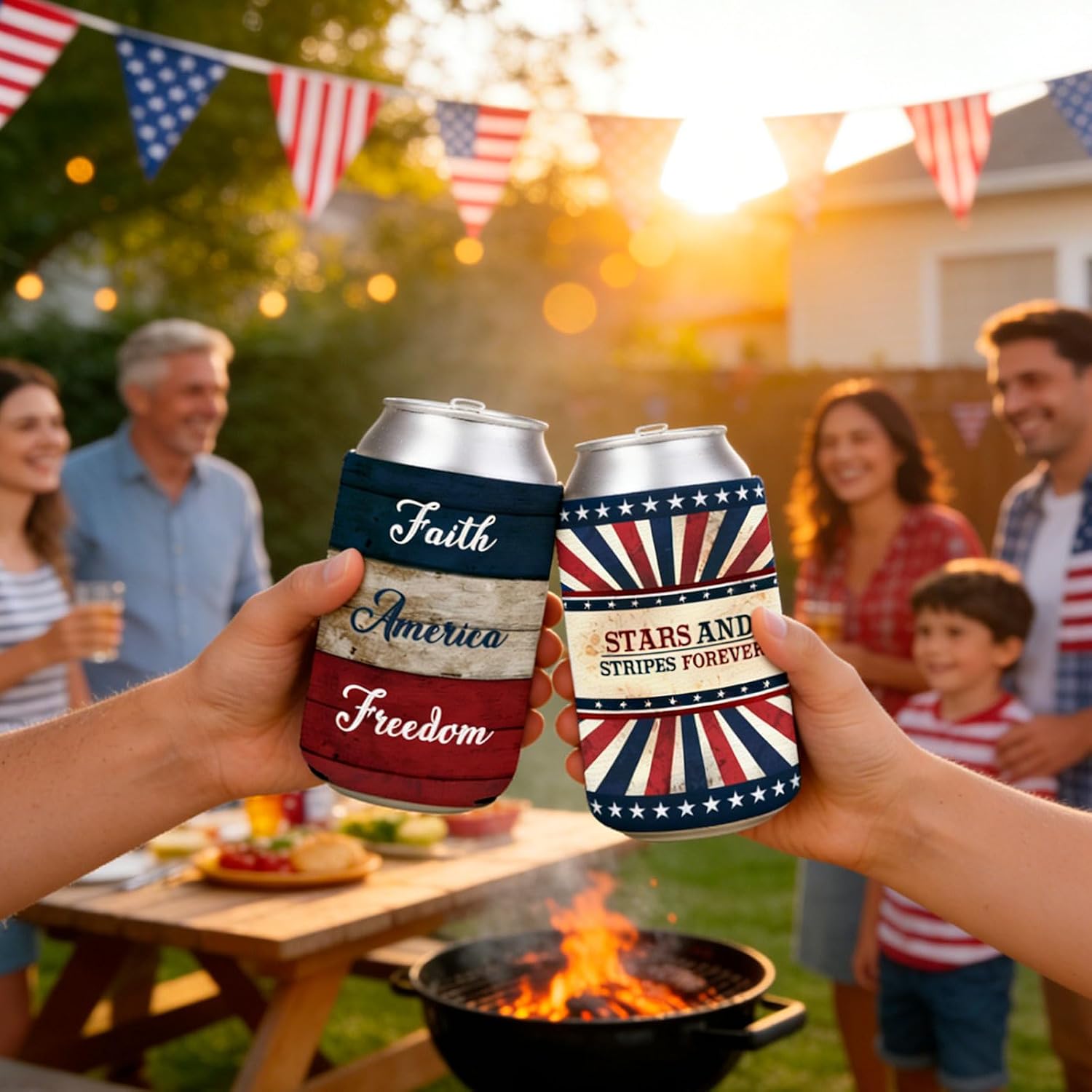 Whaline 12Pcs Patriotic Can Sleeves 4th of July Can Covers Insulators Retro USA Flag Stars Stripes Print Neoprene Thermocoolers for 250th Anniversary Independence Day Party Supplies, 6 Design