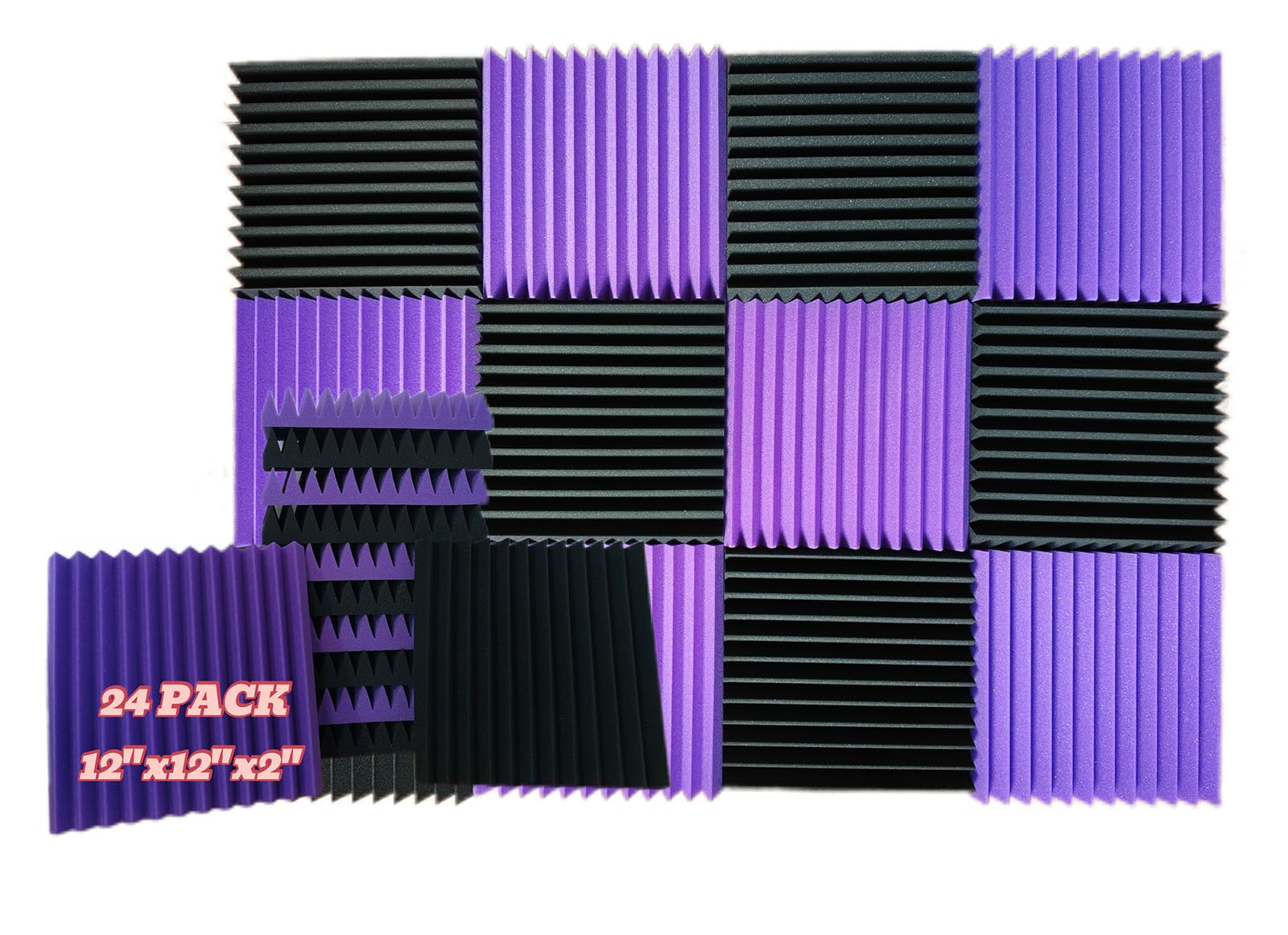 Paquete de 24 paneles acústicos, paneles de pared, paneles de sonido, utilizados para insonorización, paneles de espuma insonorizada para paredes (12 negros + 12 morados)