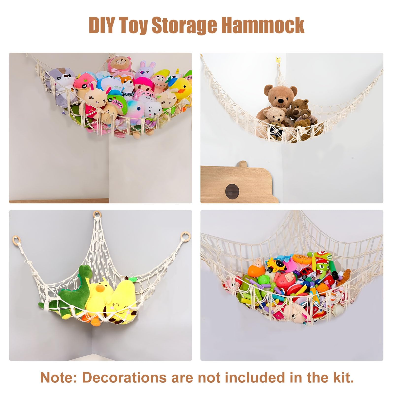 Amaca di Peluche per Bambini 110x110cm Portaoggetti in Rete da Pesca con Ganci di Sicurezza