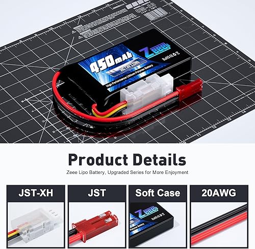 Miniatura 3 de Zeee 2S Lipo Batería 450mAh 7.4V 50C Soft Pack Batería RC con enchufe JST para FPV Drone Quadcopter Helicóptero Avión RC Barco RC Car RC Modelos (4