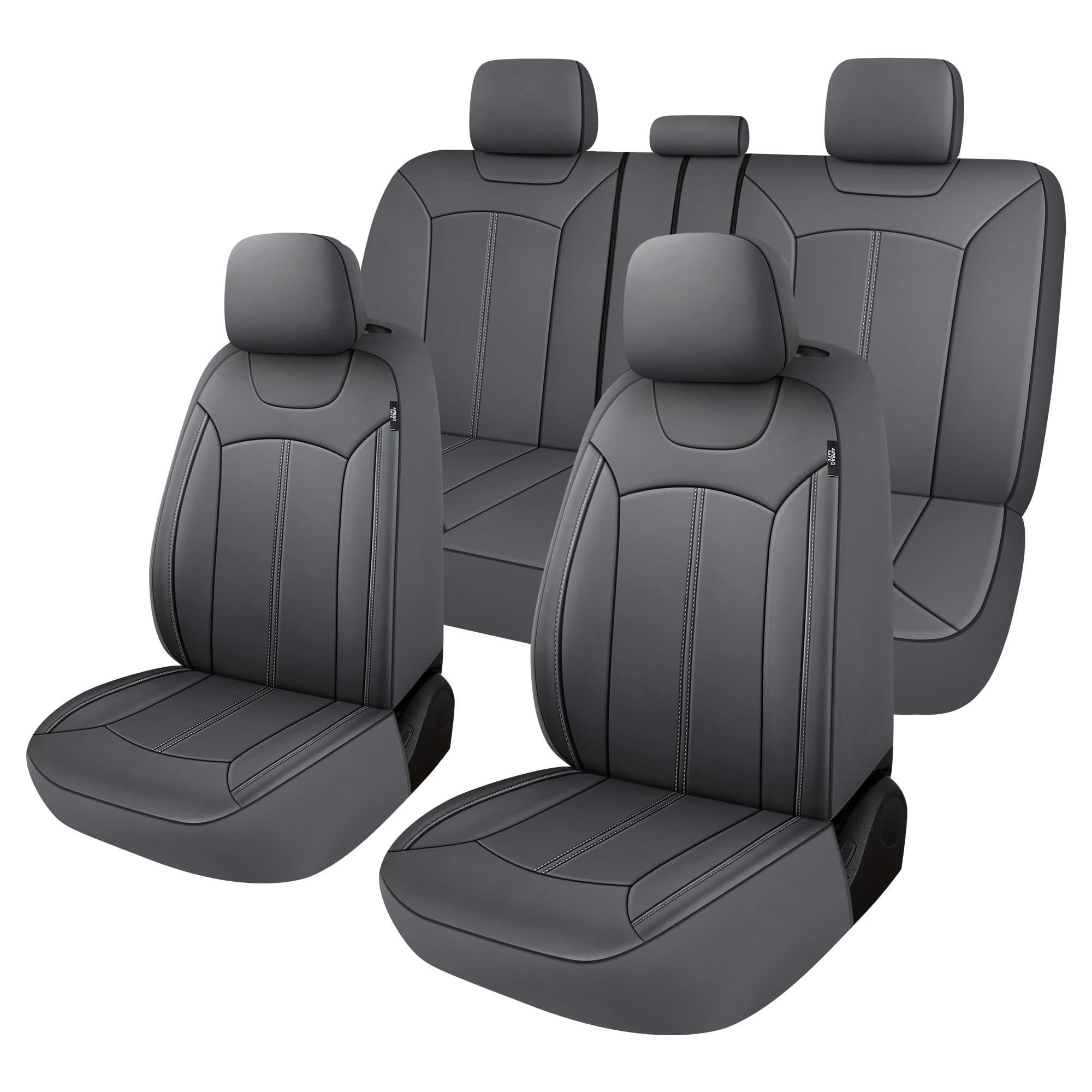 Pariiaotin Premium Leather Car Seat Covers Full Seats, Waterproof Front Seat Covers and Split Rear Bench Seat Covers for Cars,Universal Automotive Interior Covers for Sedan SUV Truck Van Pick-up,Gray