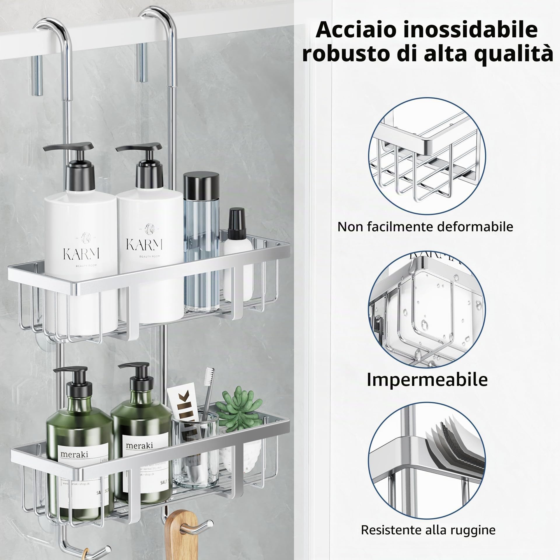 Pickpiff Mensoladoccia da appendere, mensola shampoo, supporto in vetro, cestino senza foratura, shampoo, supporto in gel, in acciaio inox, argento, altezza 57 cm