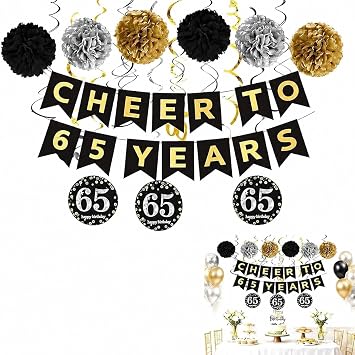 JALCH 65th Birthday Celebration Kit - Gold Glitter Cheers to 65 Years Banner, 65th Birthday Cake Topper,Paper Pom Poms, 12 Sparkling Swirls for Indoor & Outdoor 65th Anniversary Celebrations