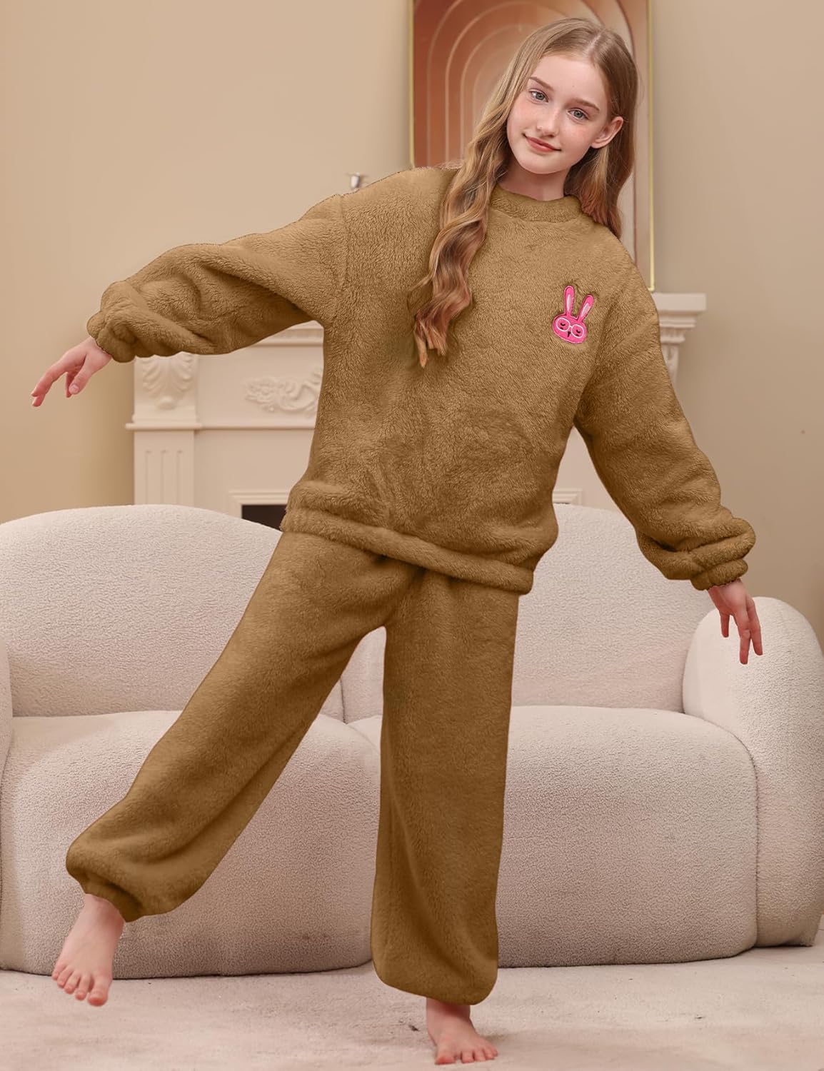 Yimoon Girls Fuzzy Pants Set Winter Flannel Fleece Crewneck Sweatshirt and Pants Sweatsuit Fluffy Two Piece Outfits - Image 2