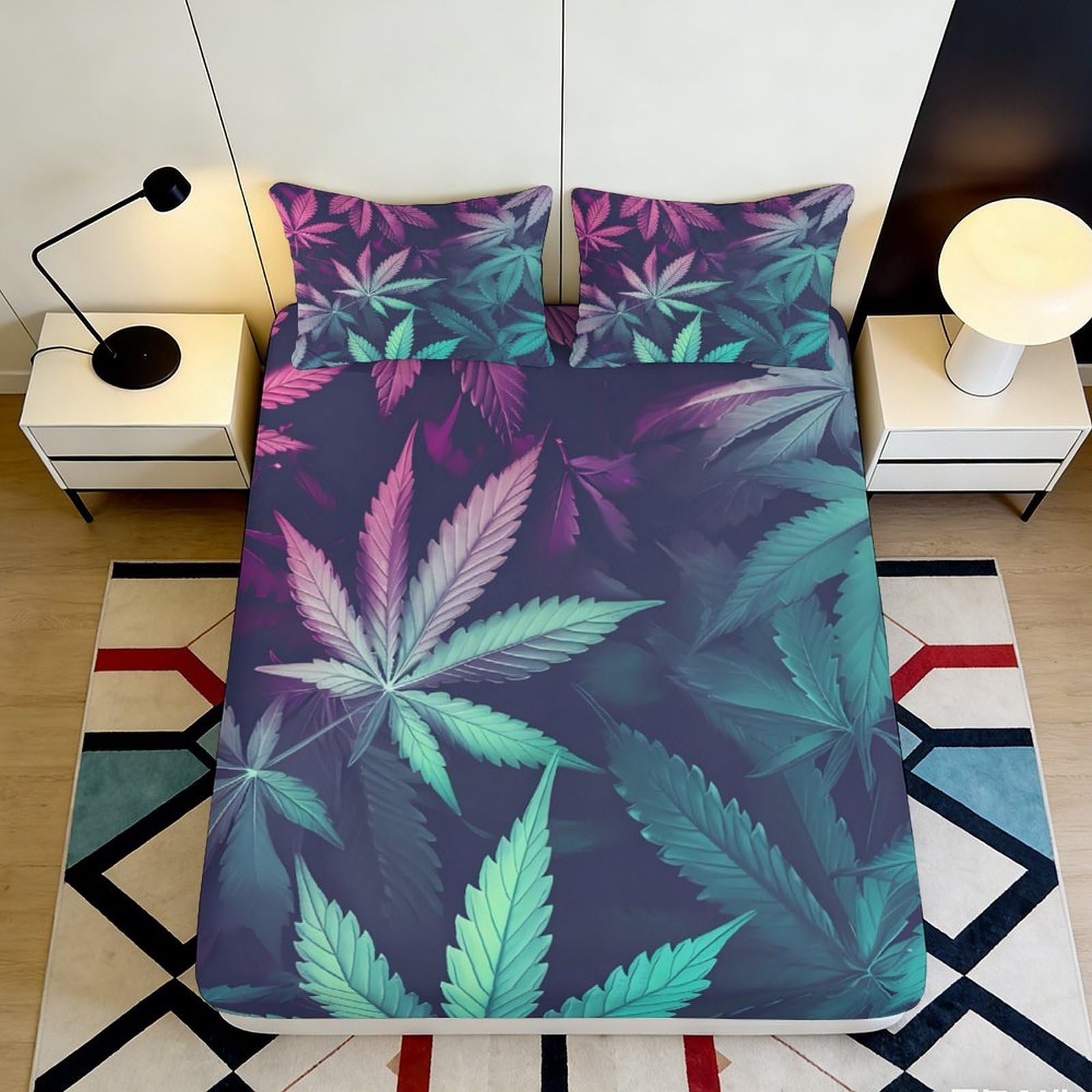 3D Printed Cannabis Leaf Fitted Sheet Microfiber Soft Breathable Gradient Color Mattress Cover for Bedroom Dorm Decor 90x200x25cm