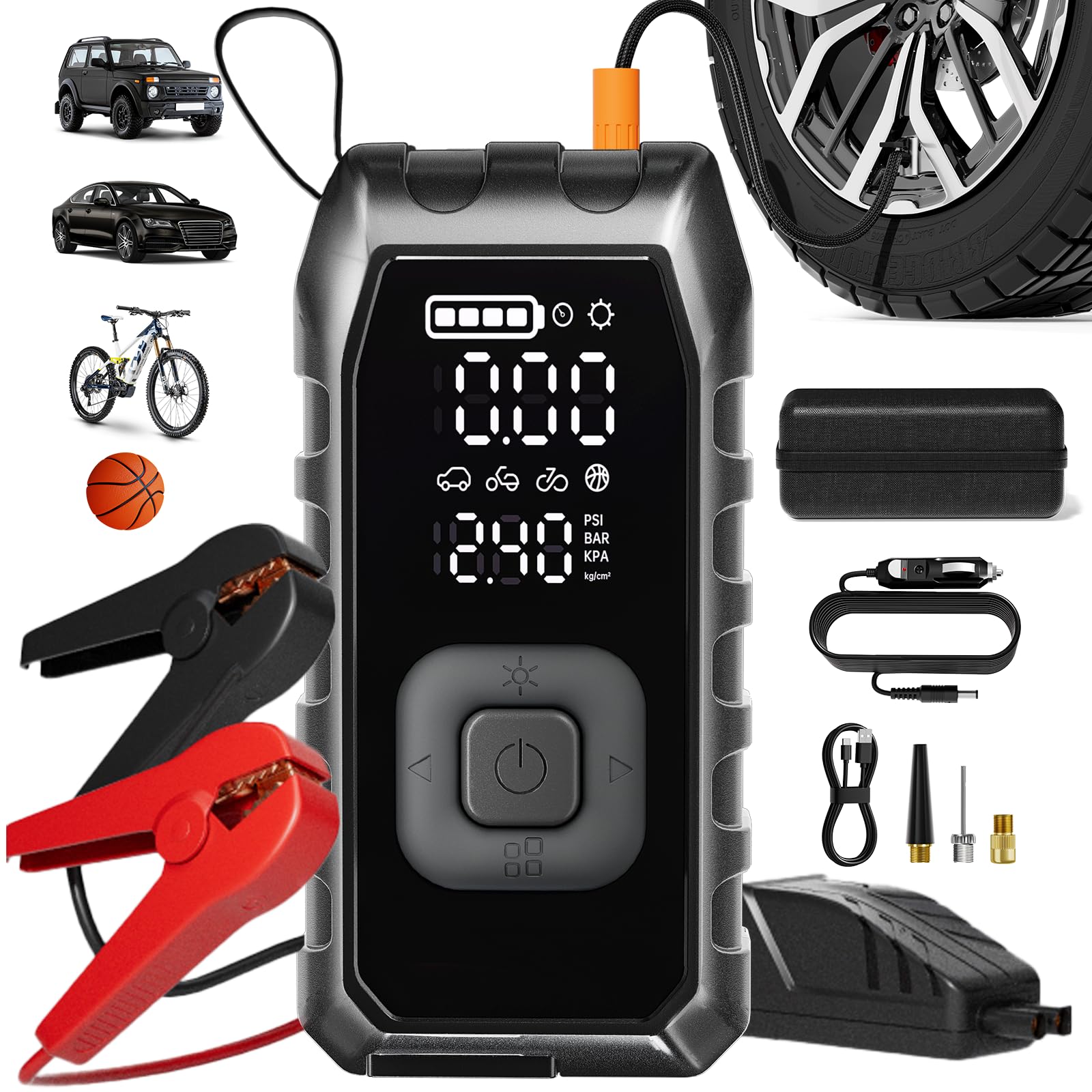 ZXMOTO Tire Inflator Portable Air Compressor,Air Pump For Car Tires With Jump Starter Digital Pressure Gauge Tire Pump for Car, Bike, Motorcycle Tires, Balls