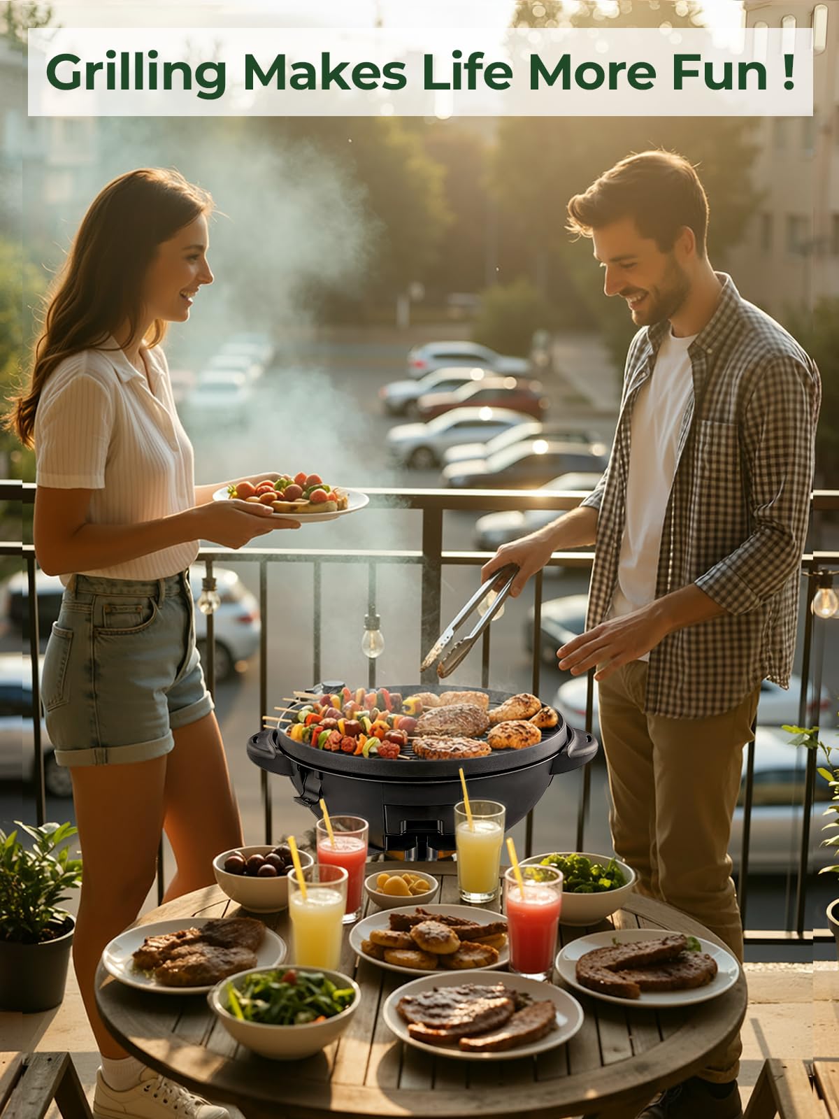 FOHERE 2400W Barbecue Électrique 2 in 1: Grill sur Pied & de Table, Température Réglable 0-300°C, 2 Zones Plaque Antiadhésive Ø41cm, Étagère à Condiments et Bac à Graisse, Noir
