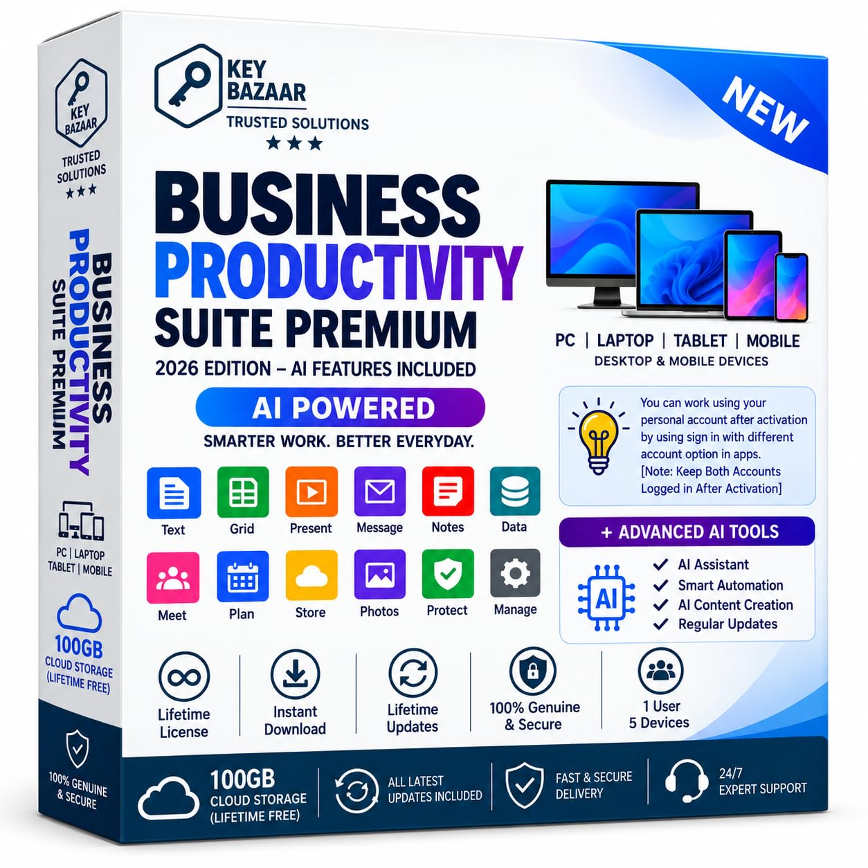 key bazaar 365 professional plus ms (2026) with new coilot ai edition | (upto 5-6 devices, lifetime validity) for win, ios, macos, ipados, android | 100gb storage (cloud+outlook) for lifetime | regular updates with unlimited reinstallations