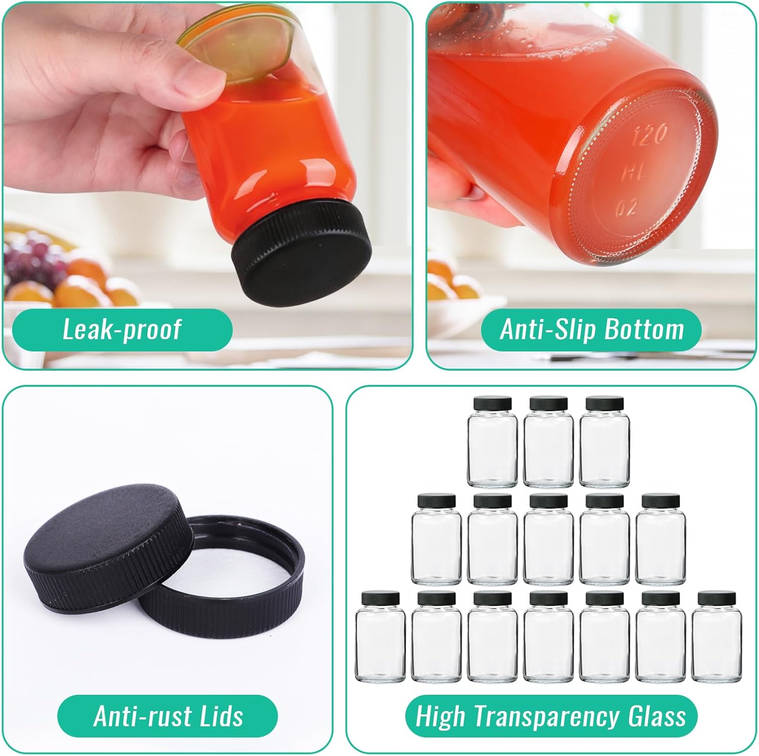 16 Pack 4 oz Glass Ginger Shots Bottles with Black Caps,Leakproof 4 oz Juice Glass Bottles with Lids for Wellness Shot,Ginger,Beverages - Image 3