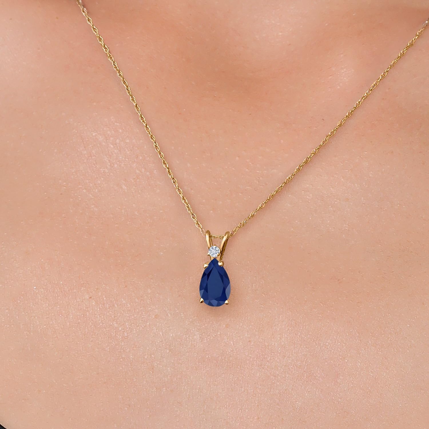 Gem Stone King 14K Yellow Gold Blue Sapphire and White Moissanite Pendant Necklace for Women | 2.18 Cttw | Gemstone September Birthstone | Pear Shape 10X7MM | With 18 Inch Chain - Image 3