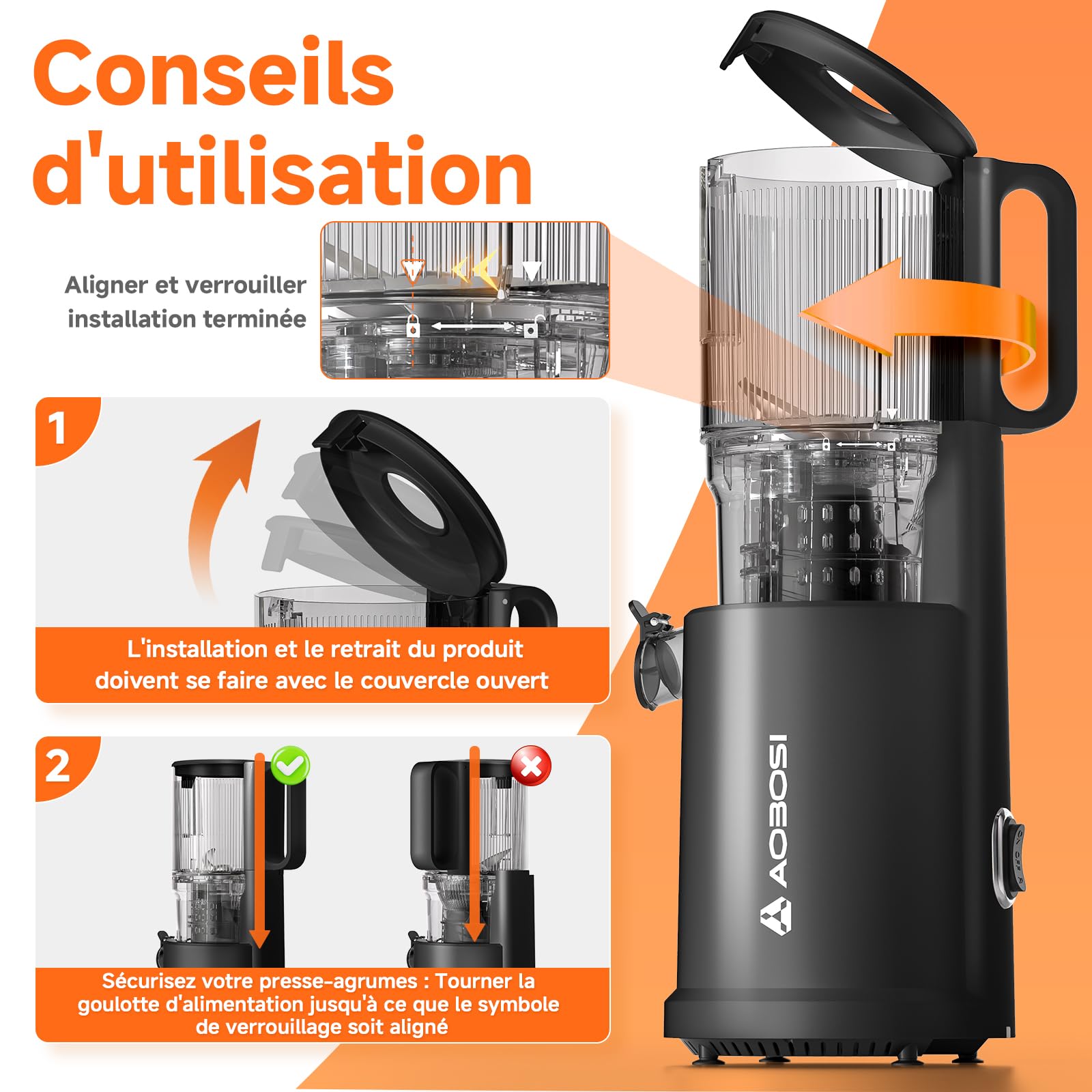 AOBOSI Extracteur de jus 135 mm XXL 90 tr/min moteur cuivre silencieux sans BPA