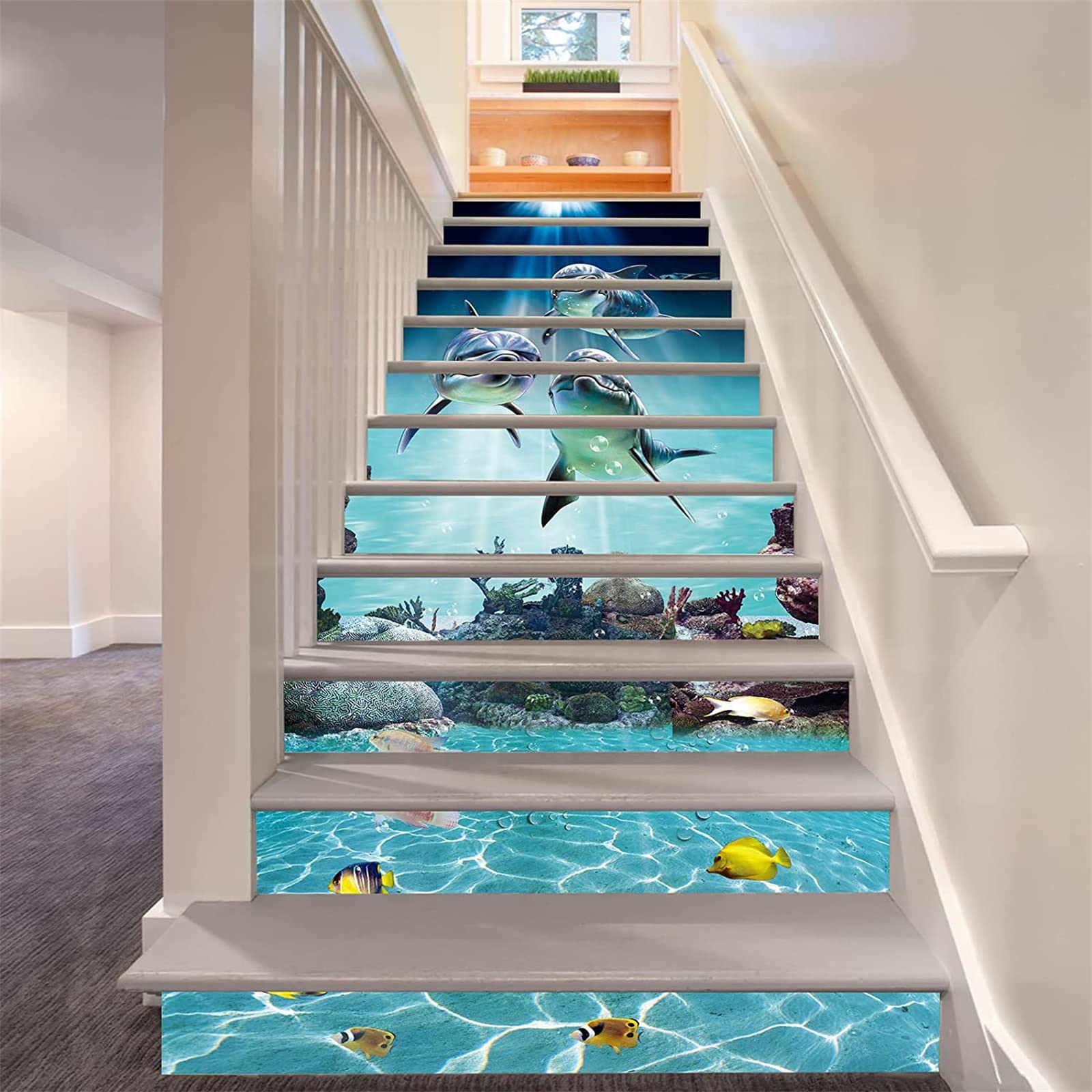 FLFK 15 Stück Treppen Aufkleber –3D Sonnenschein unter Meer Delfine zumabziehen und aufkleben Treppenaufkleber für Treppenstufen Heim Büro Dekor 39.37 "x7.09"