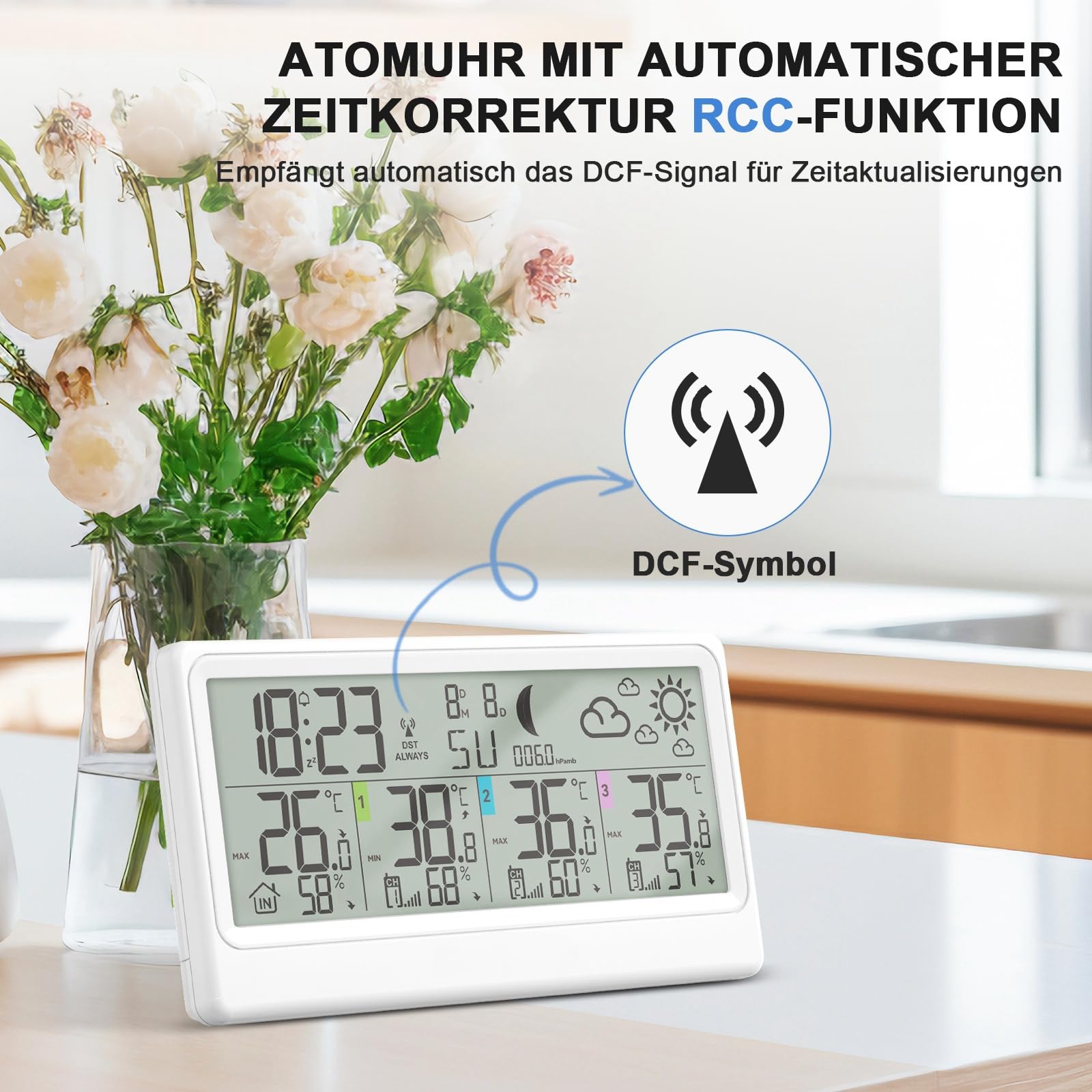 Wetterstation Funk mit 3 Außensensor, Innen- und Außenthermometer, Hygrometer, Barometer, Digitale Funkwetterstation mit 8,5"LCD-Display, Wettervorhersage, Mondphase, Wecker, Schlummerfunktion und RCC