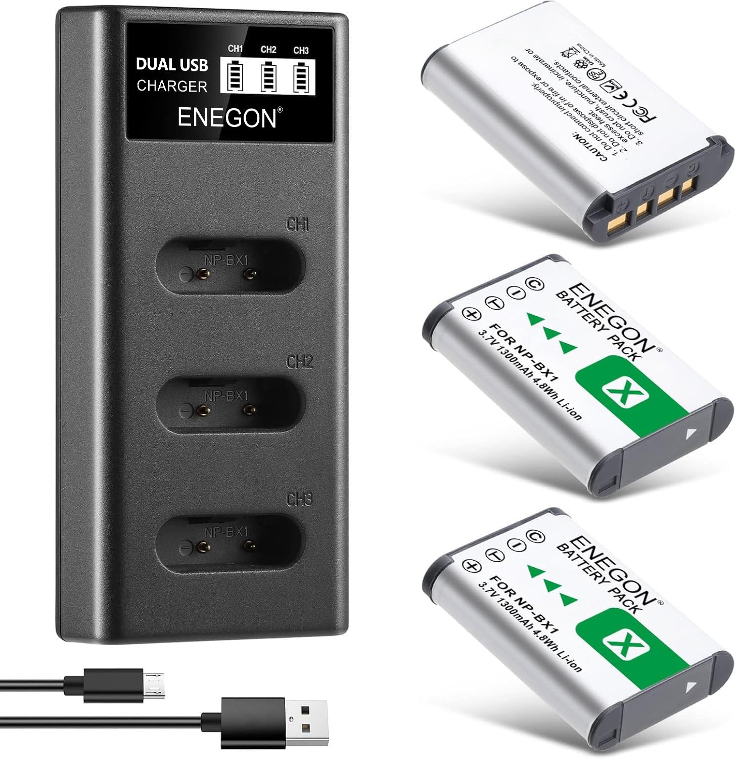 ENEGON NP-BX1 Lot de 3 Batteries 1300 mAh et Chargeur LCD pour Sony NP-BX1 et Sony ZV-1, Cyber-Shot DSC-RX100, DSC-RX100 II/III/M4/M5/M6/M7////VA, DSC-RX100M II, HDR-CX44