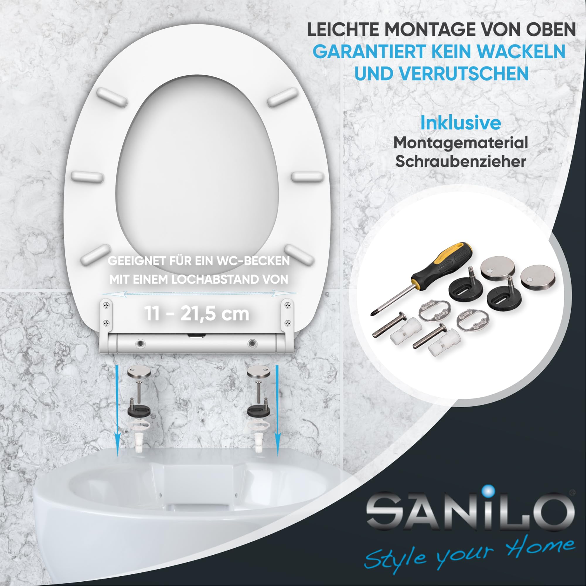 Sanilo WC Sitz mit Absenkautomatik & Schnellverschluss, Toilettendeckel per Knopfdruck abnehmbar, einfache Montage von oben (Weiß)