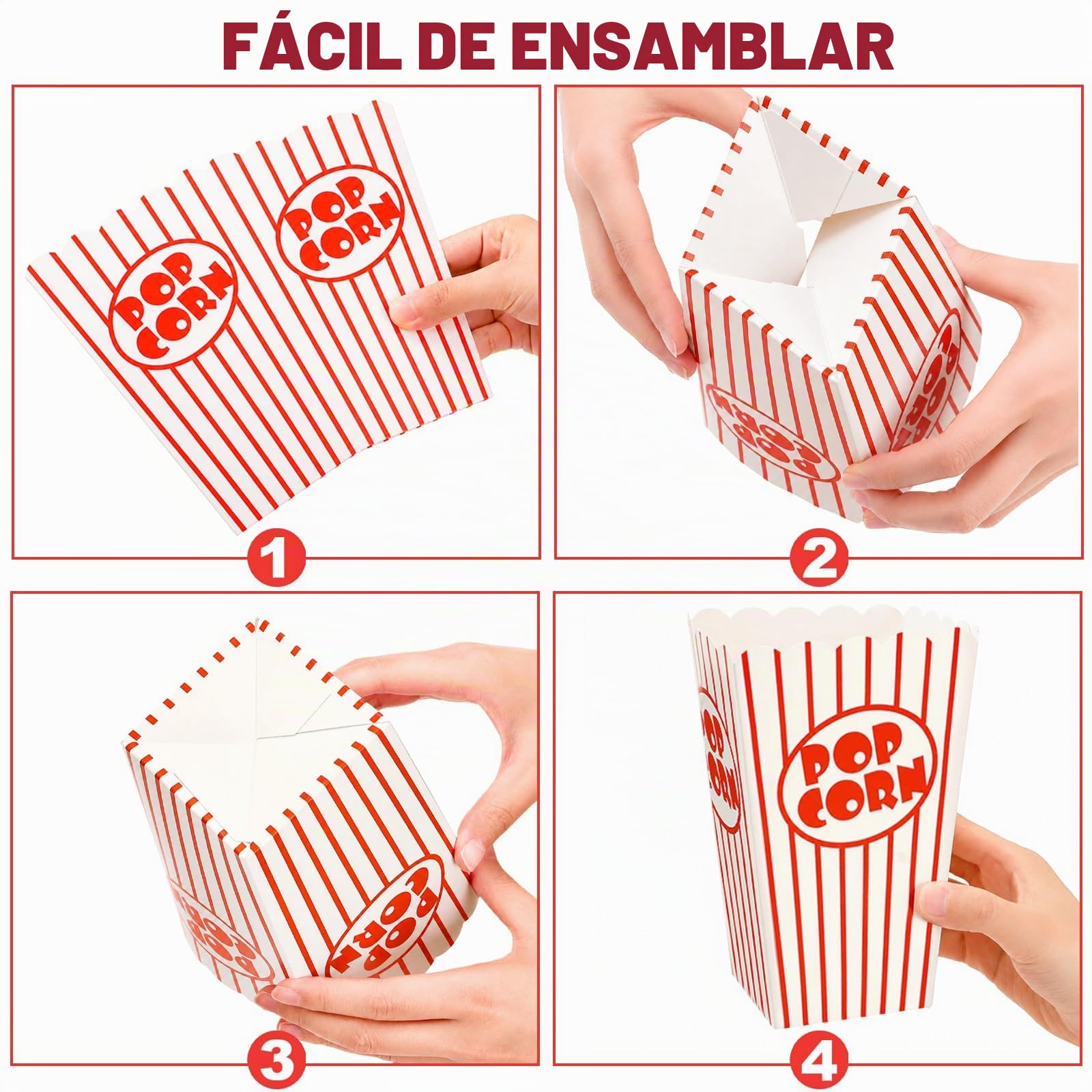 Tebery 100 cajas de palomitas de maíz de papel con apertura superior, rayas rojas y blancas, ideales para cine, carnavales y fiestas