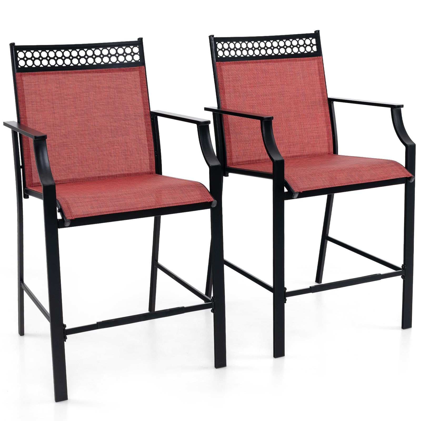 COSTWAY Garden Chairs Set of 2, Fabric Outdoor Bar Stools with High Back, Armrests & Footrest, Metal Frame Patio Dining Chairs for Backyard Poolside Porch Balcony, 180kg Max Load, 62x66x114cm (Red)