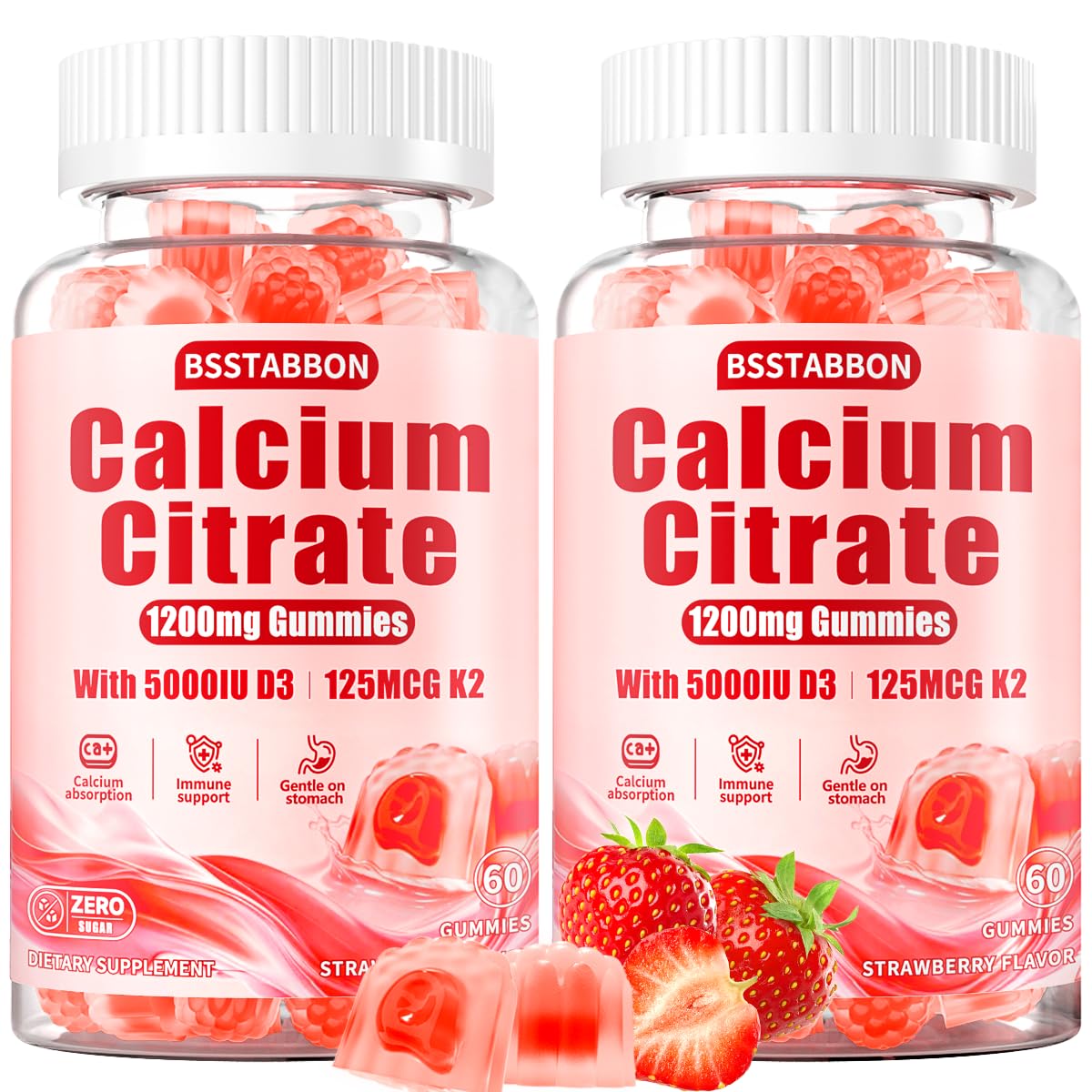 Calcium 1200 mg with Vitamin D3 Gummies: Calcium Citrate Gummies Strawberry 60 Count (Pack of 2)