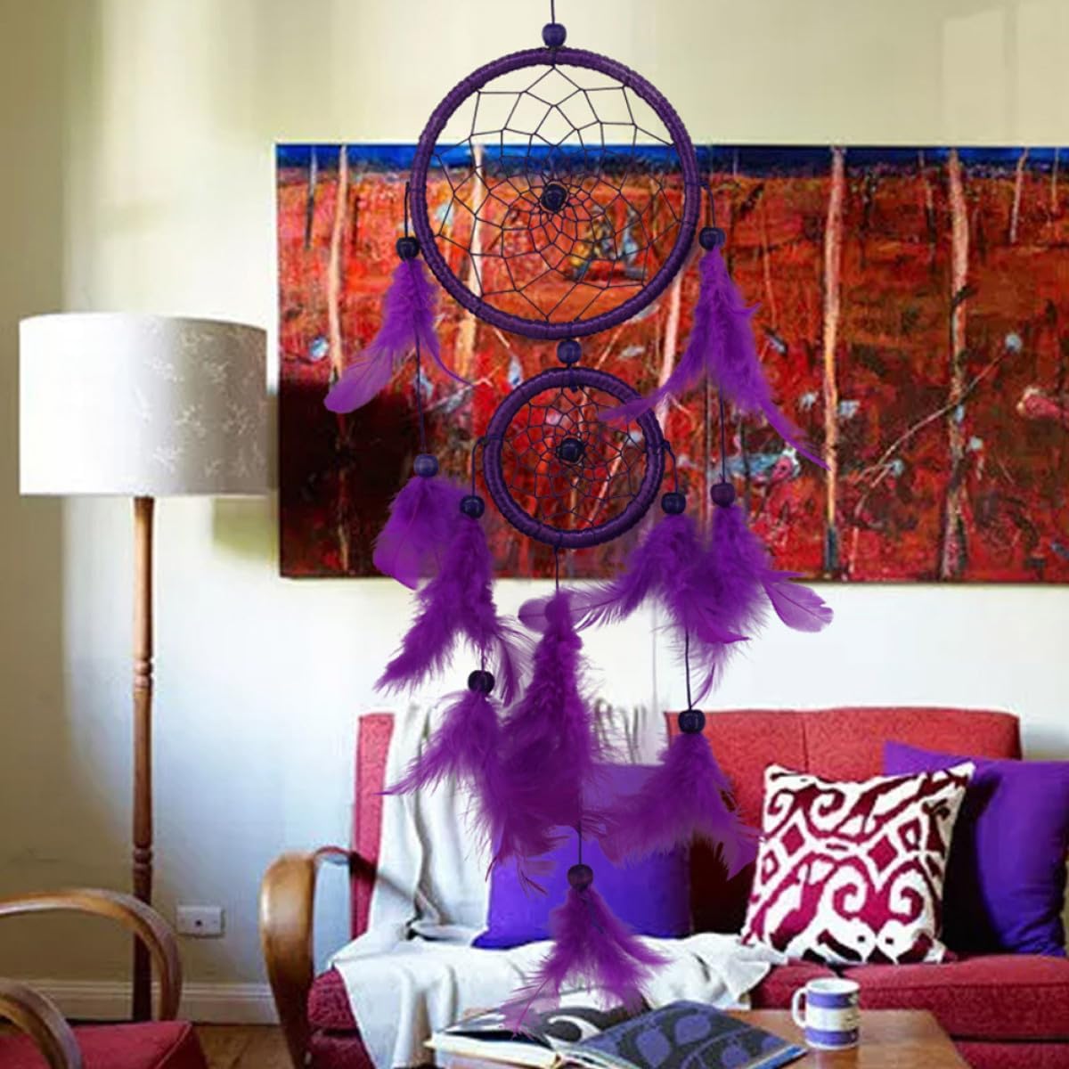 Uonlytech Purple Double Hoop Dream Catcher Hanging Pendant Plume Wall Decor Handmade Indoor Home Ornament for Wedding Car Decoration