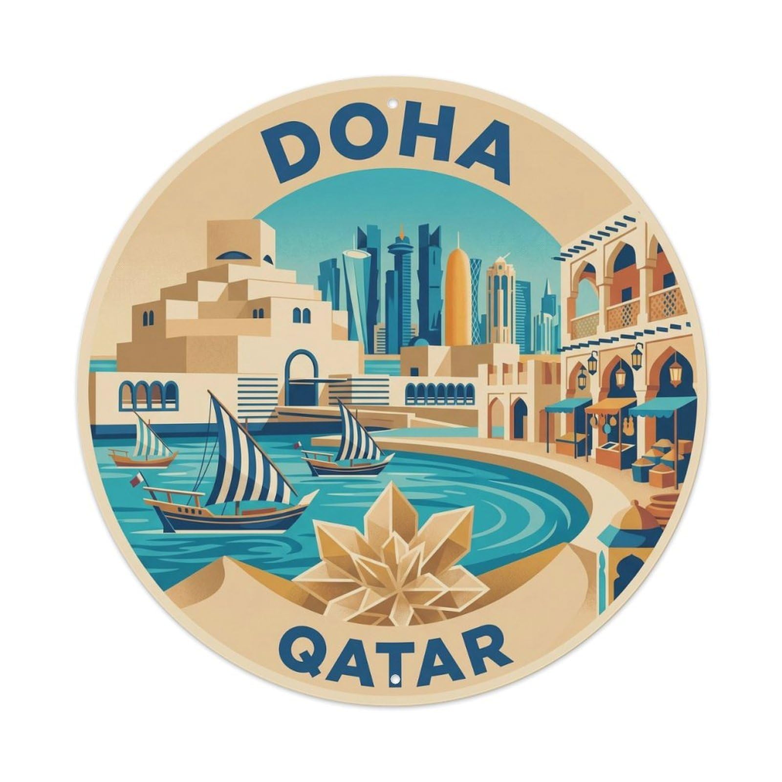 Vintage Travel Doha Qatar Islamic Art Metal Tin Sign