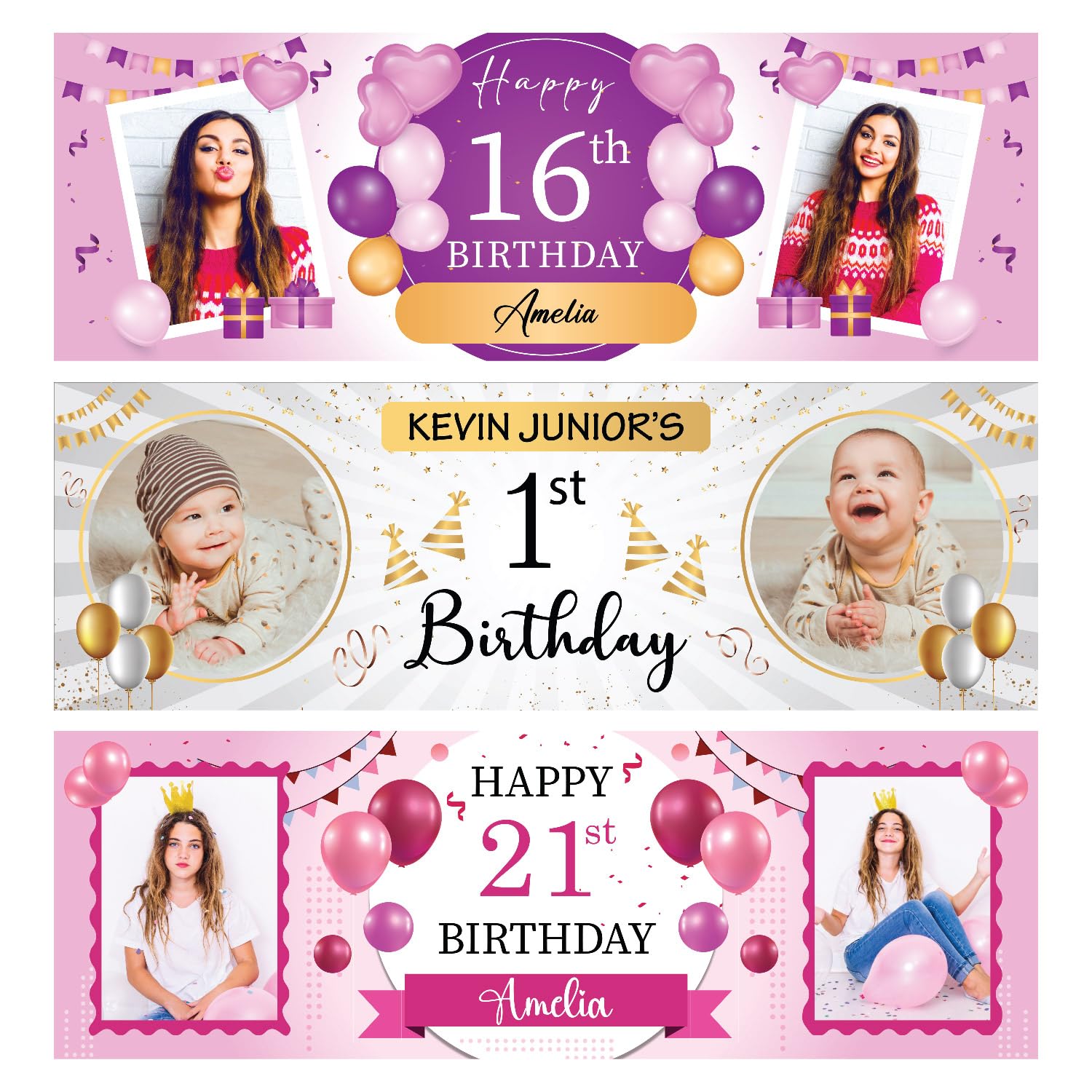 6X2FT Personalised Birthday Banner Custom Happy Birthday Photo Banners For Kids, Family Party Decorations