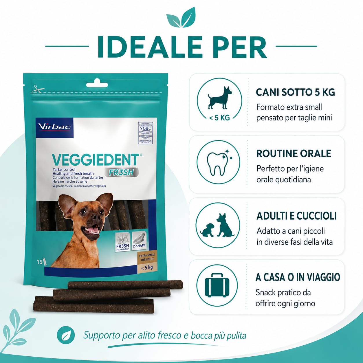 Virbac Veggiedent FR3SH XS 2 Confezioni da 15 Stick Dentali per Cani sotto 5 kg, Snack Vegetale per Igiene Orale, Controllo Placca e Tartaro, Alito Fresco