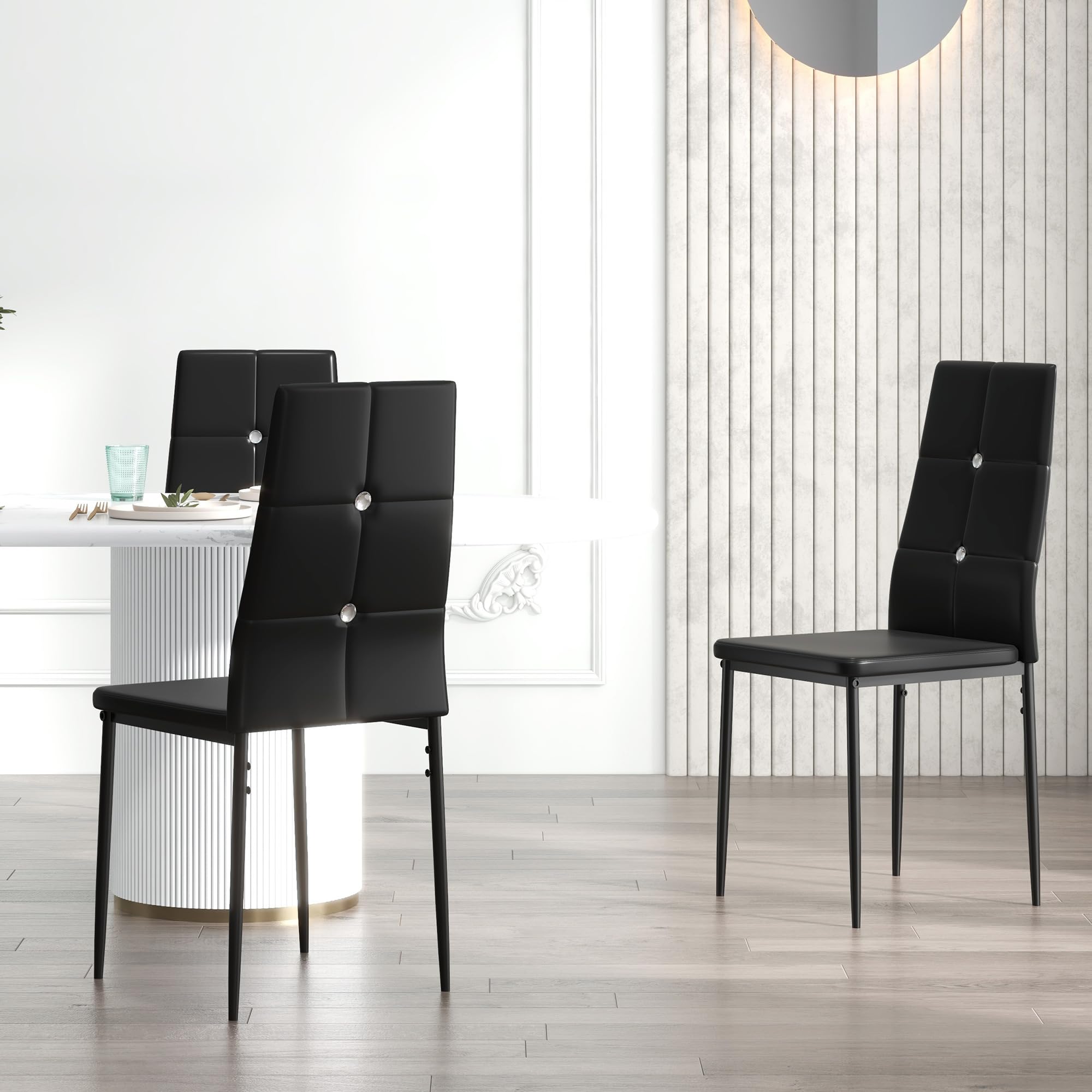 HOMCOM Juego de 6 Sillas de Comedor con Respaldo Alto para Salón Negro | Tapizada en PU, Sillas de Cocina Modernas, Botones, Patas de Acero, Dormitorio