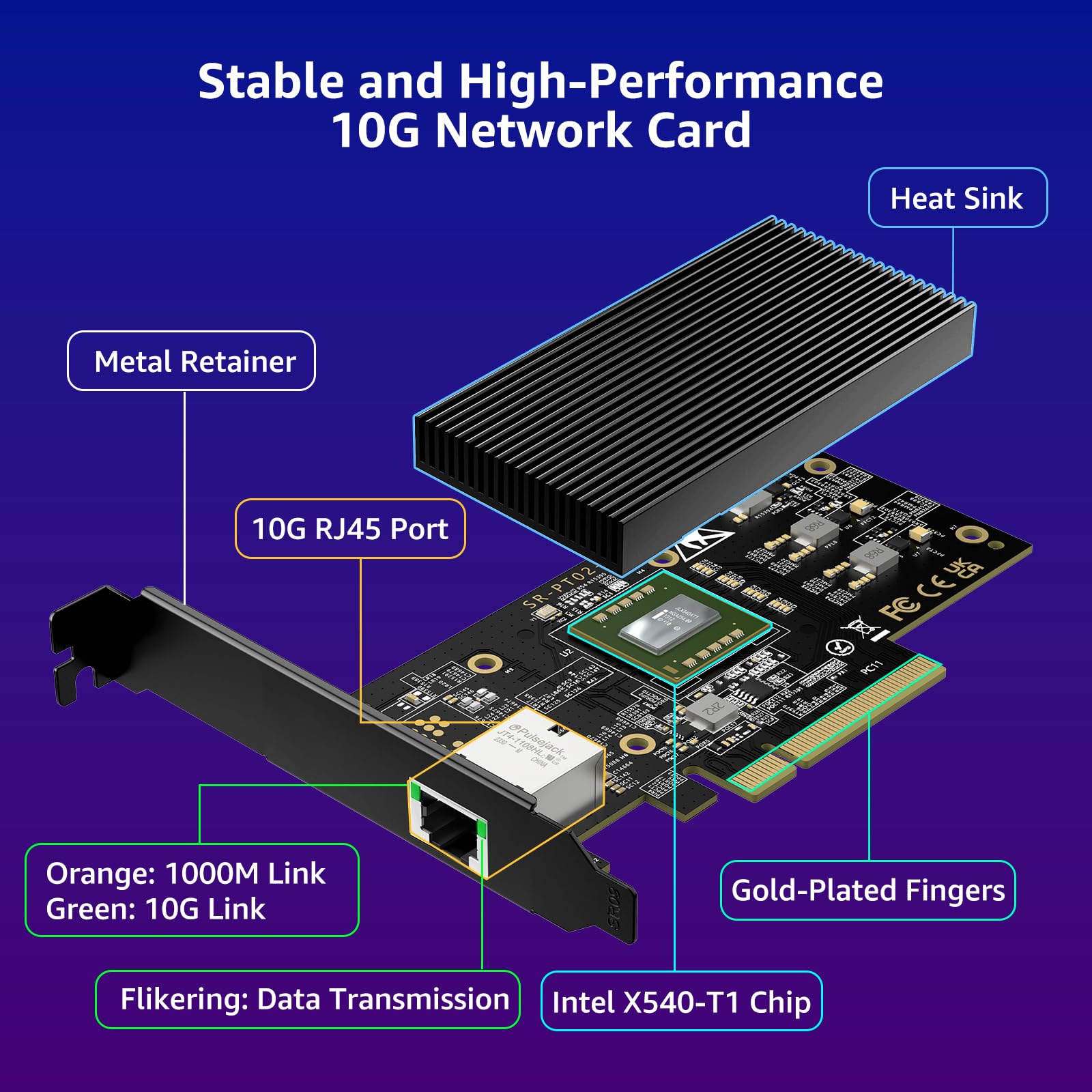 Carte réseau 10G PCI-E avec Ports RJ45 10Gbps individuels, contrôleur Intel X540-T1, VIMIN Carte Adaptateur Ethernet 10Gb Compatible avec PCI Express X8, X16, supporte Windows/Windows Server/Linux