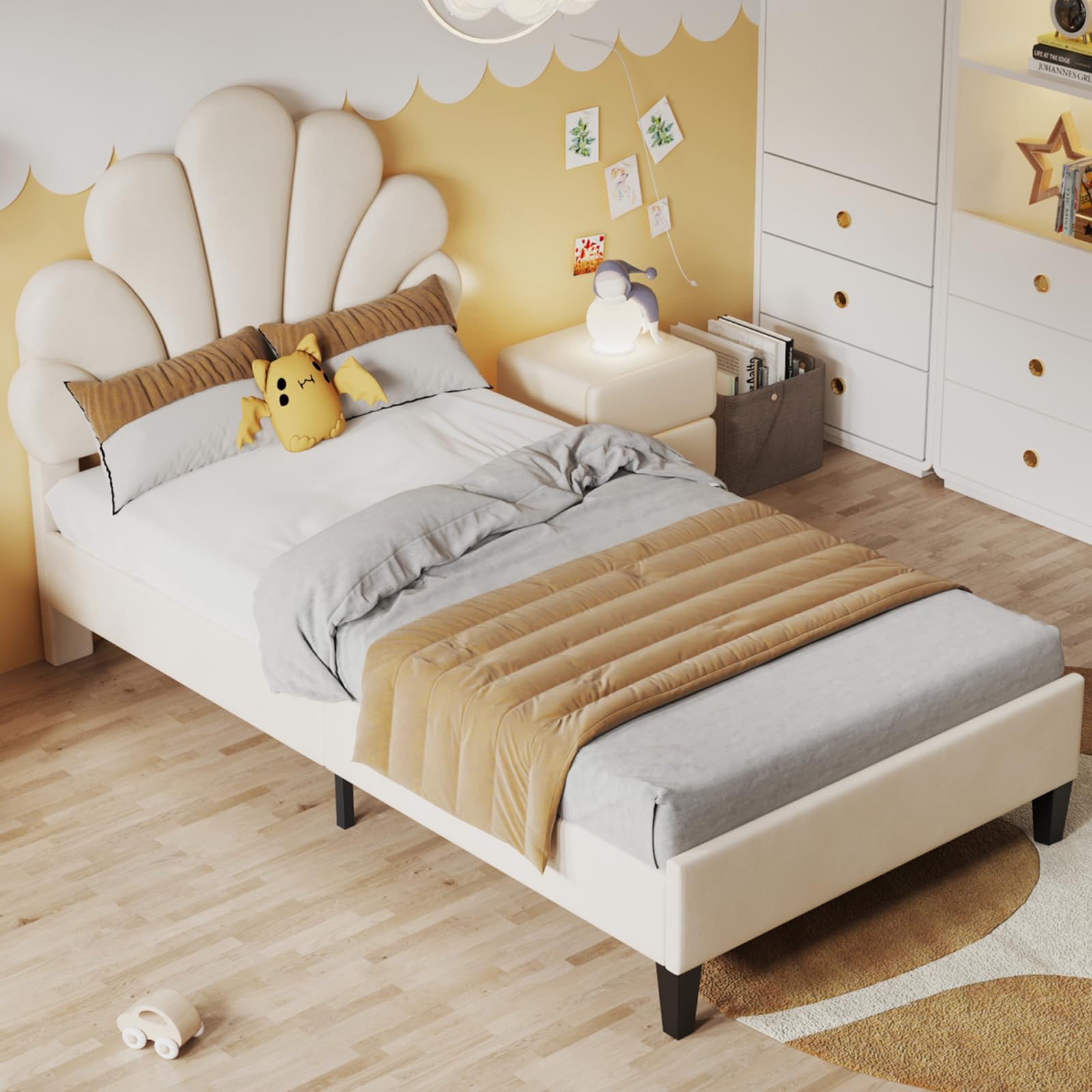 Generisch Kinderbett 90 x 200 cm, Weiß Prinzessinnenbett, Polsterbett, Einzelbett, Jugendbett mit Kopfteil in floral und Lattenrost, gepolstertes Bett aus Samt für Kinder, Jugend