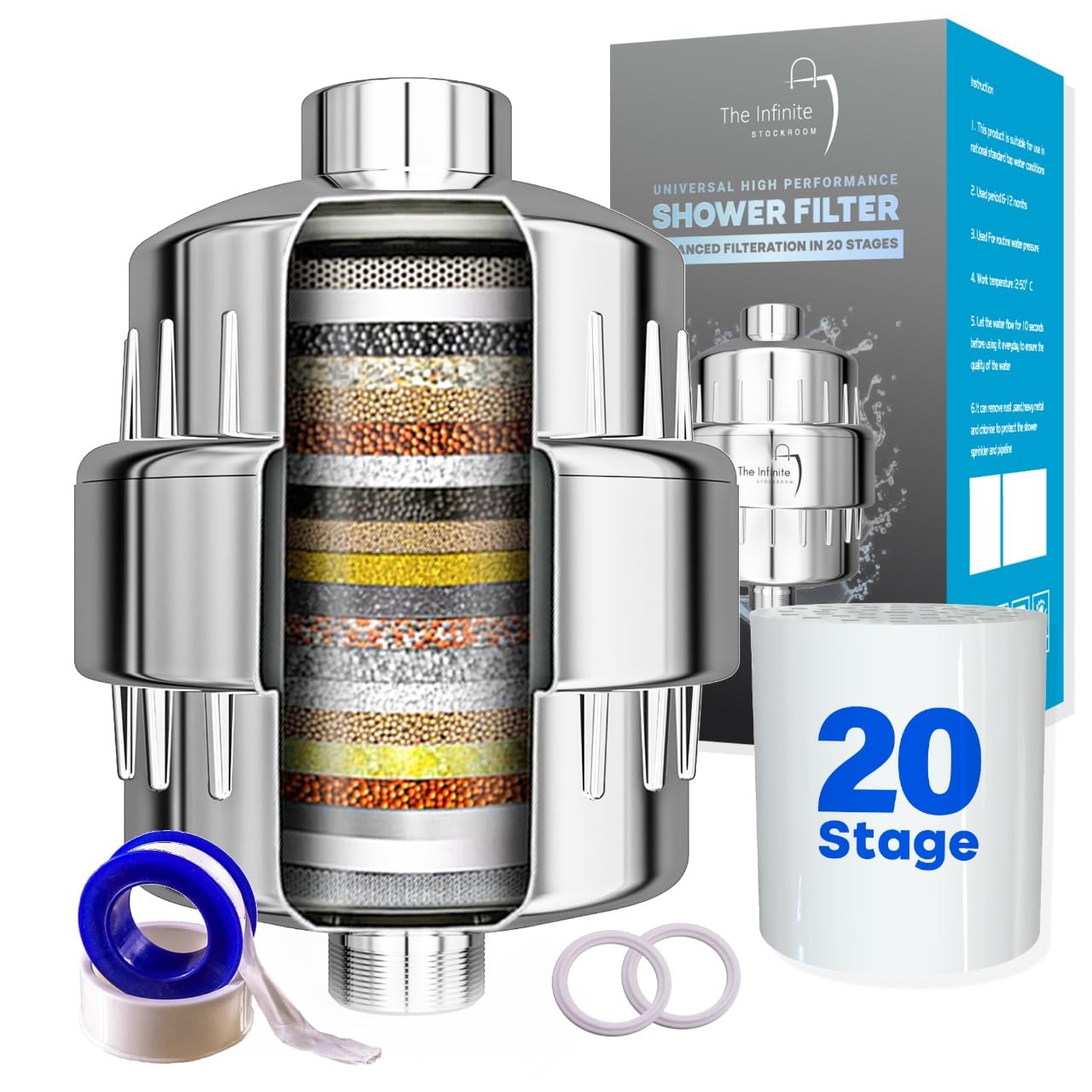 Shower Head Filter for Hard Water | 20 Stage High Output Shower Filter to Remove Toxic Chemicals, Dandruff and Reduce Dry Skin | Best Shower Filters for Hard Water - Polished Chrome
