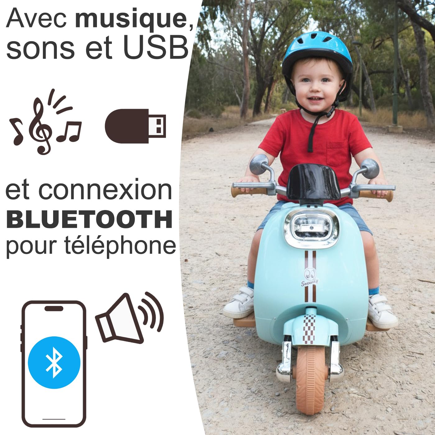 Twinly - Scooter électrique pour enfants avec chargeur, accélérateur à pédale et fonctionnalité USB, lumière et MP3 Bluetooth (Rose)