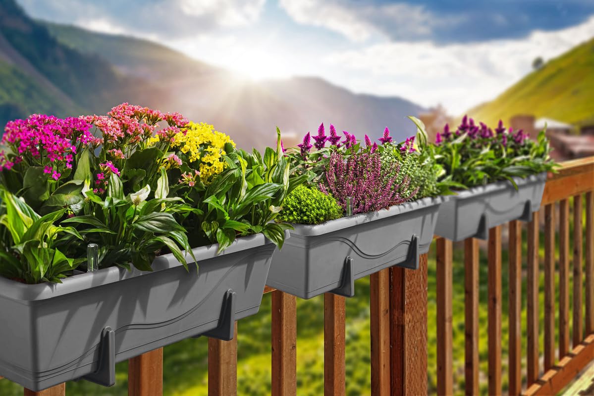 Gardenico Set of 3 x 800mm - Self-watering planters, troughs, flower pots for balconies - W78 D21 H17cm, 16.8L - Stone Grey