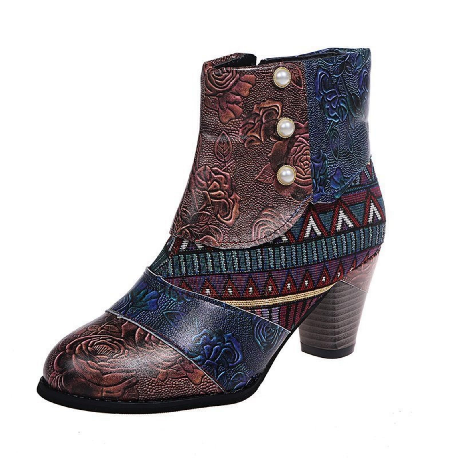 Womens Boho Cowboy Boots Chunky Low Heel Western Round Toe Zipper Booties Comfortable Ethnic Embroidery Bohemian Shoes