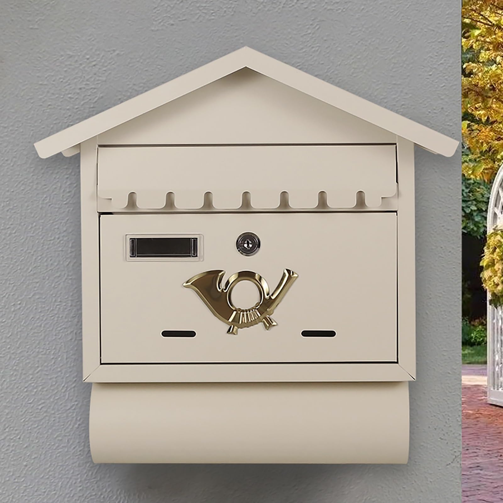 Email address, Wrought Iron Wall-Retro Mailbox with Newspaper Tube, Large Capacity, Suitable for Home, Company and School(Off White)