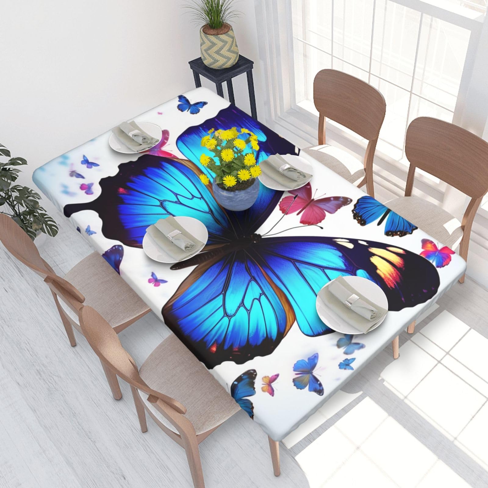Colorful Butterfly Waterproof Square Table Cover Elastic Fitted Tablecloth Oil Proof Table Protector For 4ft Table
