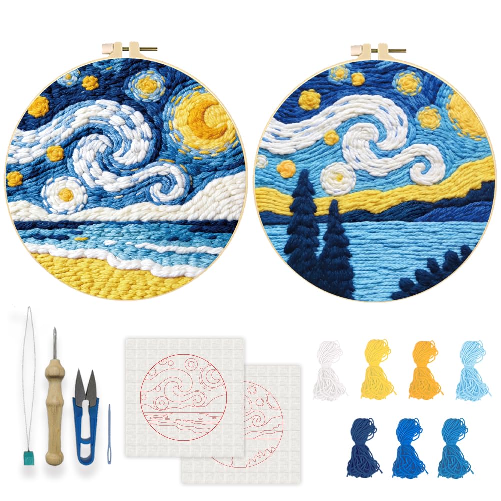 INFUNLY 2 Pcs Starry Sky Punch Needle Embroidery Kit 22×22cm DIY Punch Embroidery Kit for Adults Moonlit Night Needlepoint Set Beach Needles Stitching Kits with Instruction for DIY Craft Lovers Gift