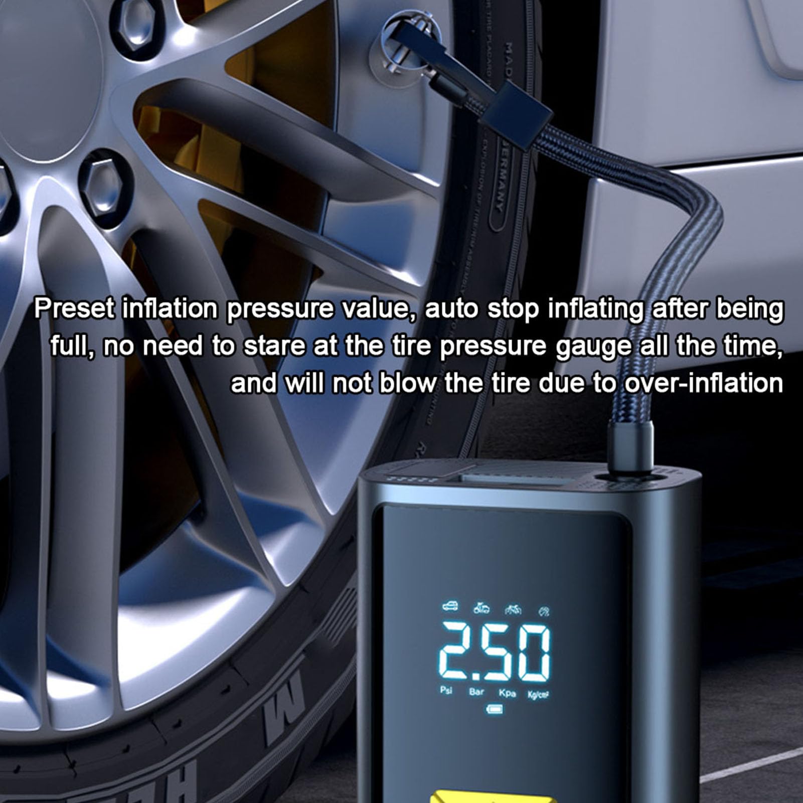 Inflador de neumáticos eléctrico portátil y compresor de aire inalámbrico con capacidad de 150 PSI - Bomba de aire a batería de 6000 mAh con pantalla digital LED y función de (No admite salida USB)