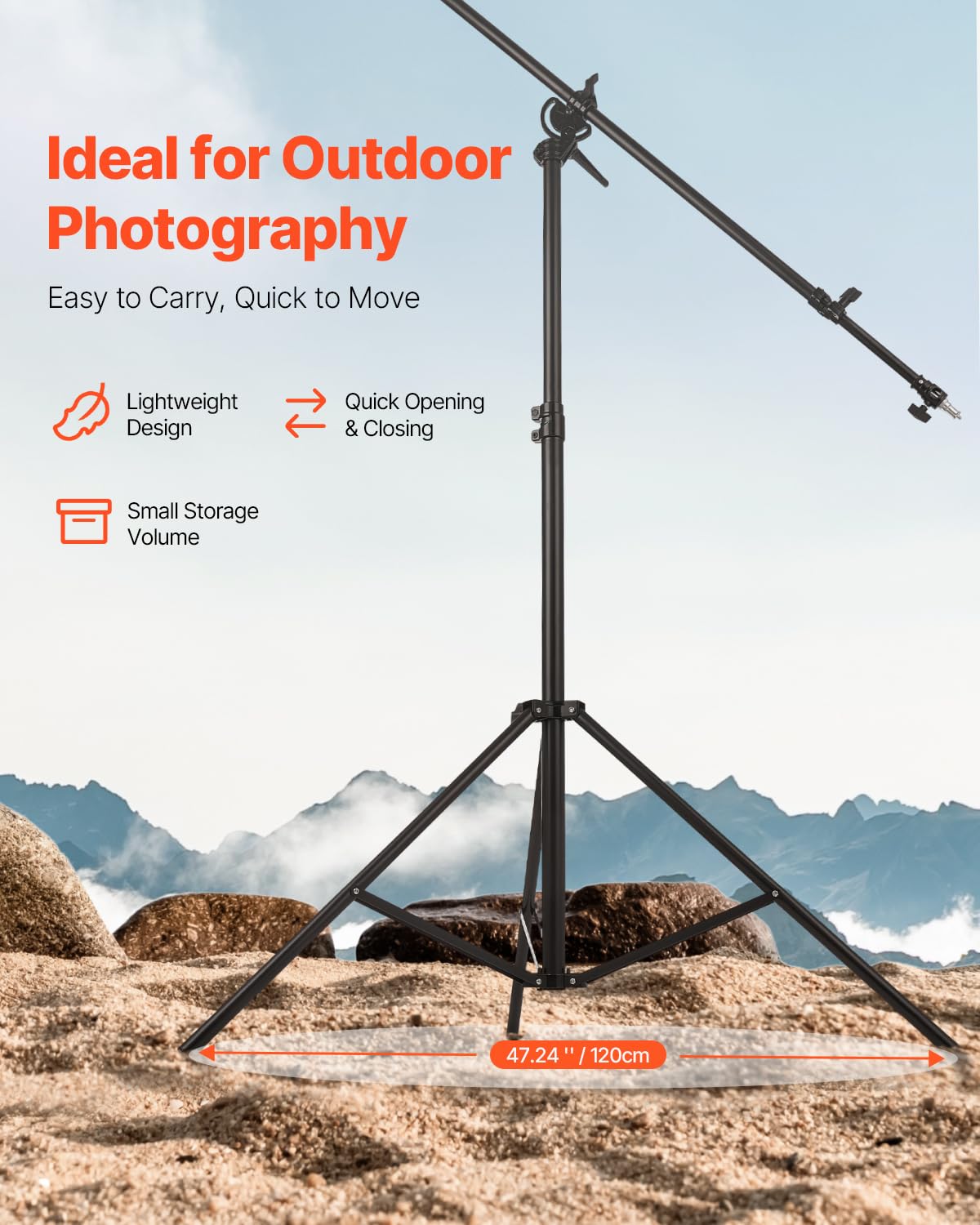 VEVOR Support d'éclairage en Aluminium, Hauteur Max. 390 cm, trépied de Photographique réglable, avec Bras flèche, Sac Sable, Charge Max. 5 kg, pour boîte à lumière, Flash de Studio, Anneau Lumineux