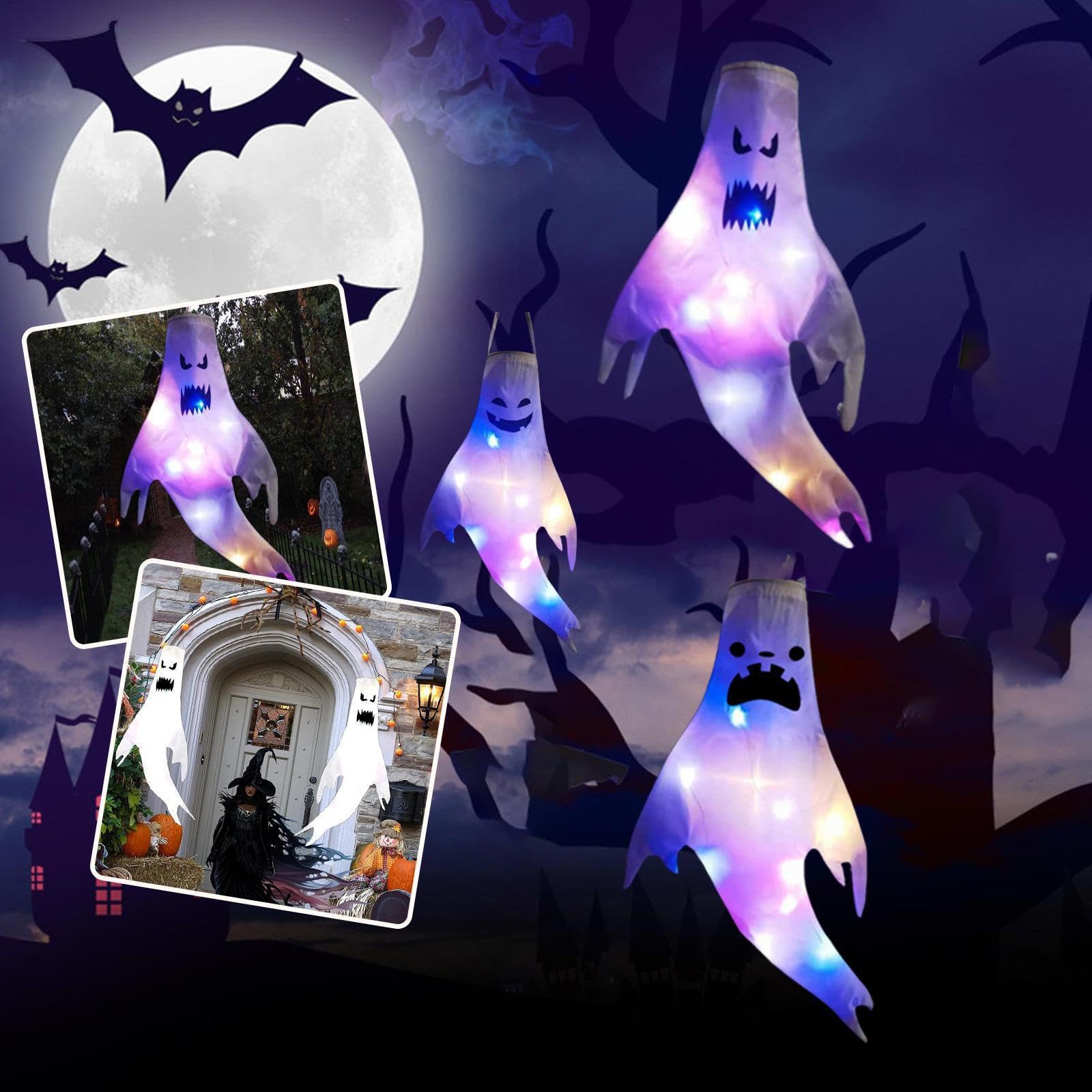 Lot De 3 Manches à Air Fantômes Lumineux Halloween | Décoration LED Extérieure Et Intérieure | Pour Jardin Et Fête