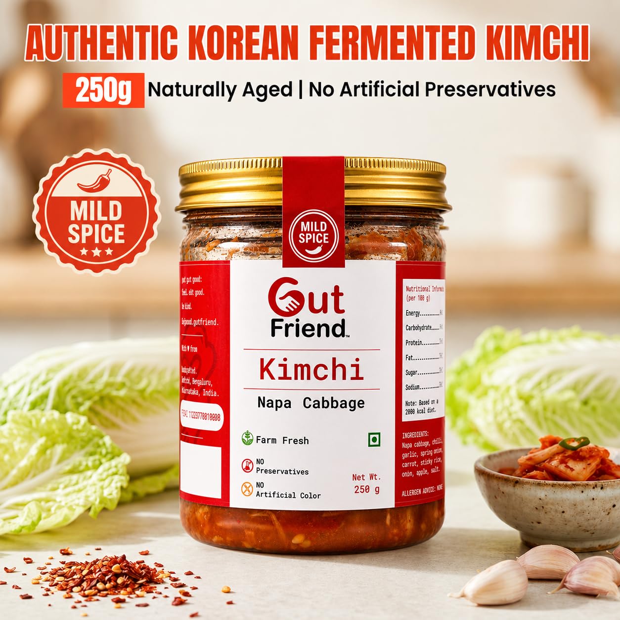 Gut Friend Napa Cabbage Kimchi - Mild Spice 250g | Pure Veg | Mild Spice Kimchi | Authentic Korean Fermented Probiotic Pickle | Traditional Spicy Baechu Kimchi | Naturally Aged Vegan Gut Health Side Dish | Ready to Eat Korean Side | No Artificial Preservatives | #gutfriendproducts 3