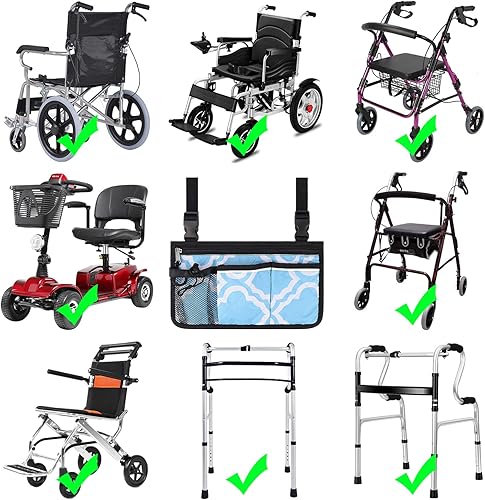 Miniatura 7 de supregear Bolsa lateral para silla de ruedas con soporte para tazas, bolsa de almacenamiento para reposabrazos con 6 bolsillos y tira reflectante
