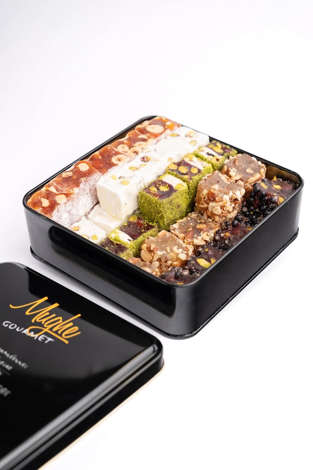 Mughe Gourmet Luxury Sultan Pistachio Turkish Delight Candy Elegant Gift Tin Box - Lokum Delights Orange, Hazelnut, Almonds - 2.2lb/1000g/54pc - Perfect Gifts for Mother's Day, Father's Day, Birthday