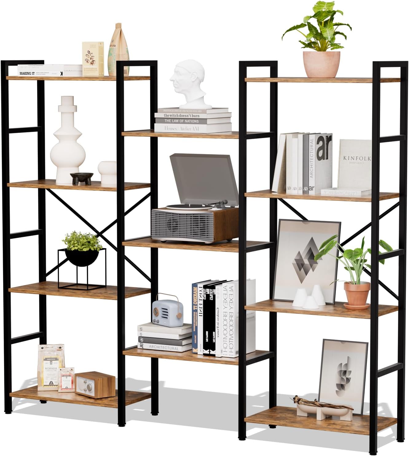 Triple 4 Tier Book Shelf, Modern Bookcase Shelf, Freestanding Large Display Shelves for Living Room/Office/Garage, Stable Large Bookshelf with Storage for Books/Lego/Plants, Rustic Brown