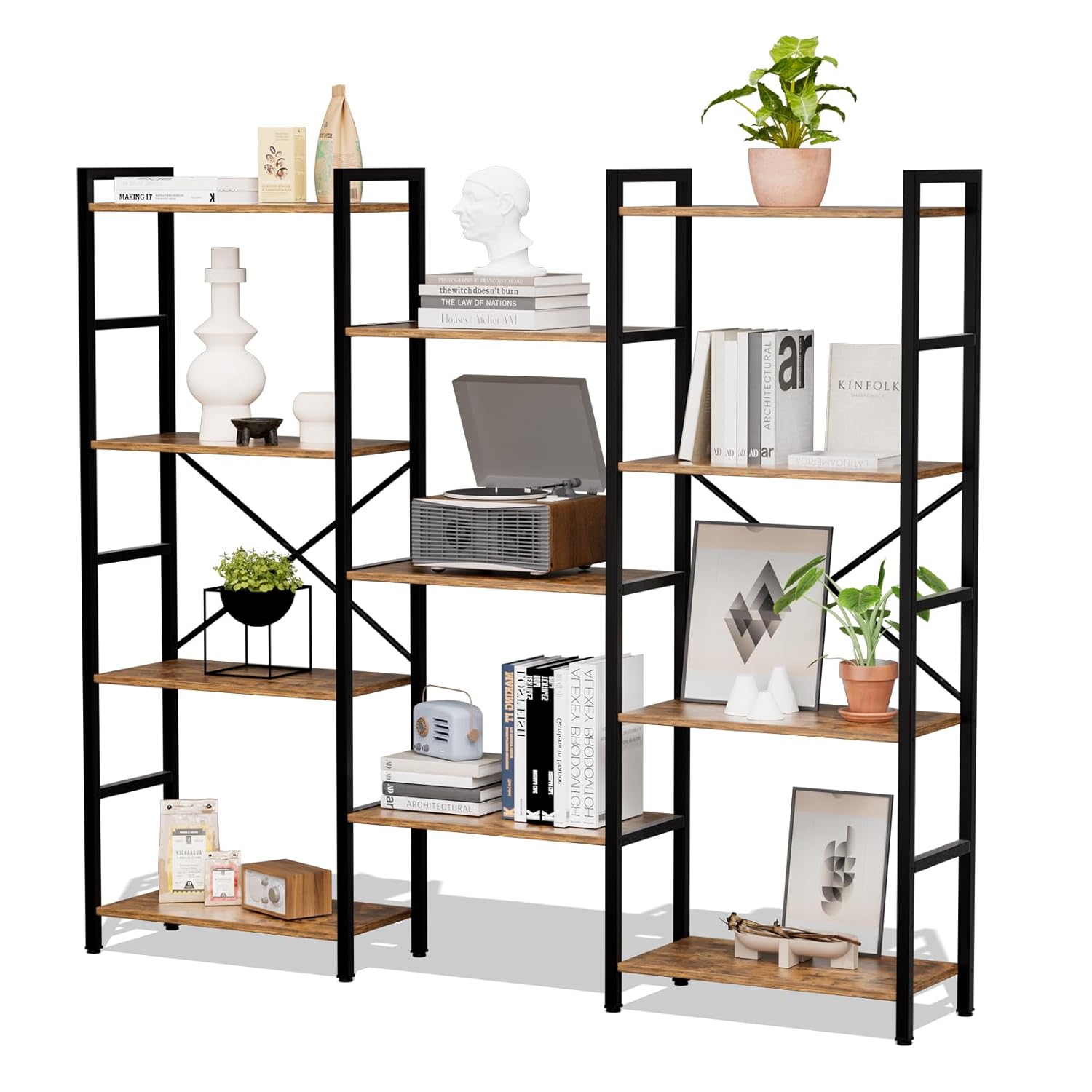 Triple 4 Tier Book Shelf Modern Bookcase Shelf Freestanding Large Display Shelves for Living Room Office Garage Stable